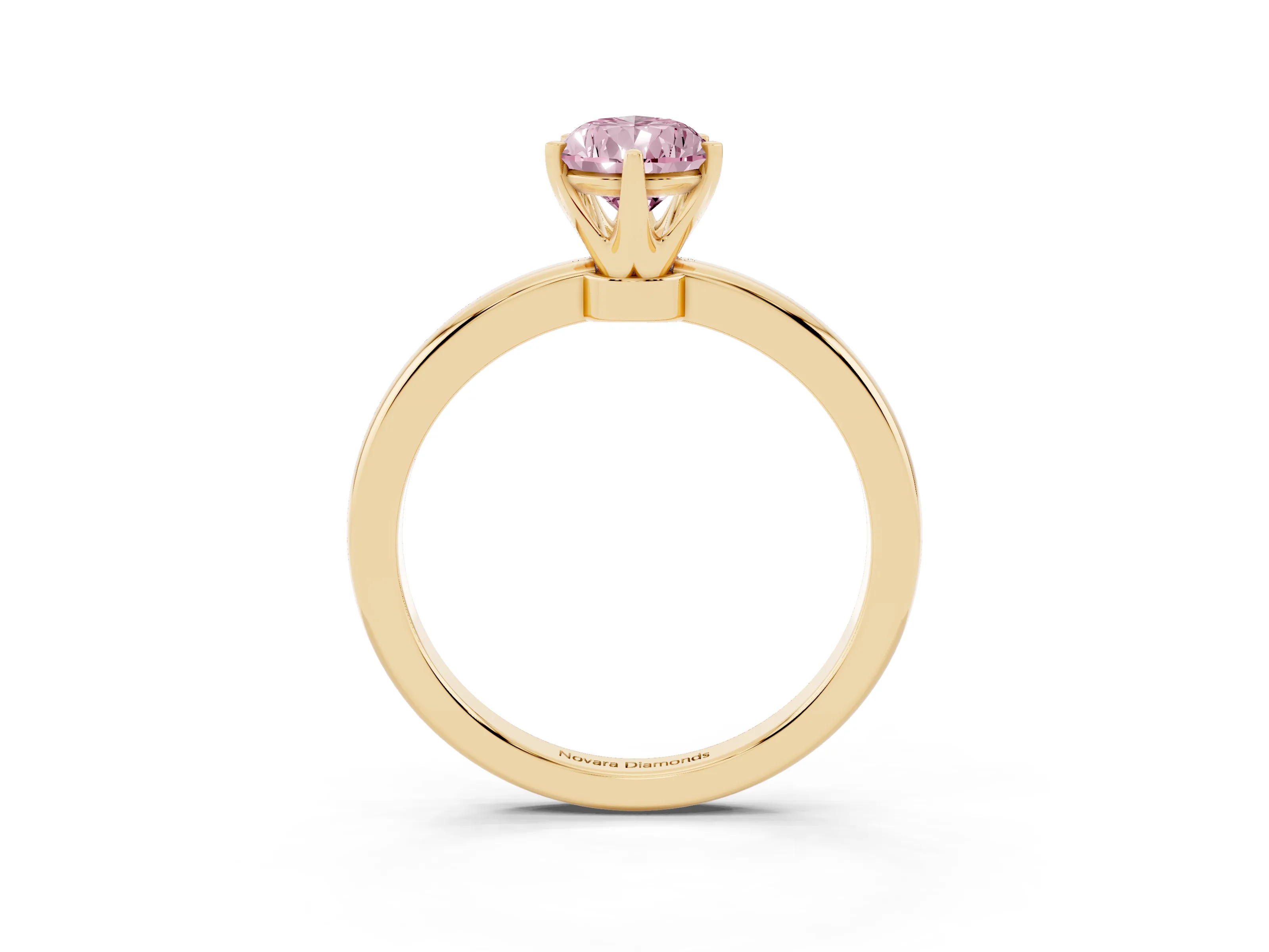 Fancy Pink Pear Cut Diamond Solitaire Ring Set in Yellow gold with Raised Prong Setting on a Classic Band