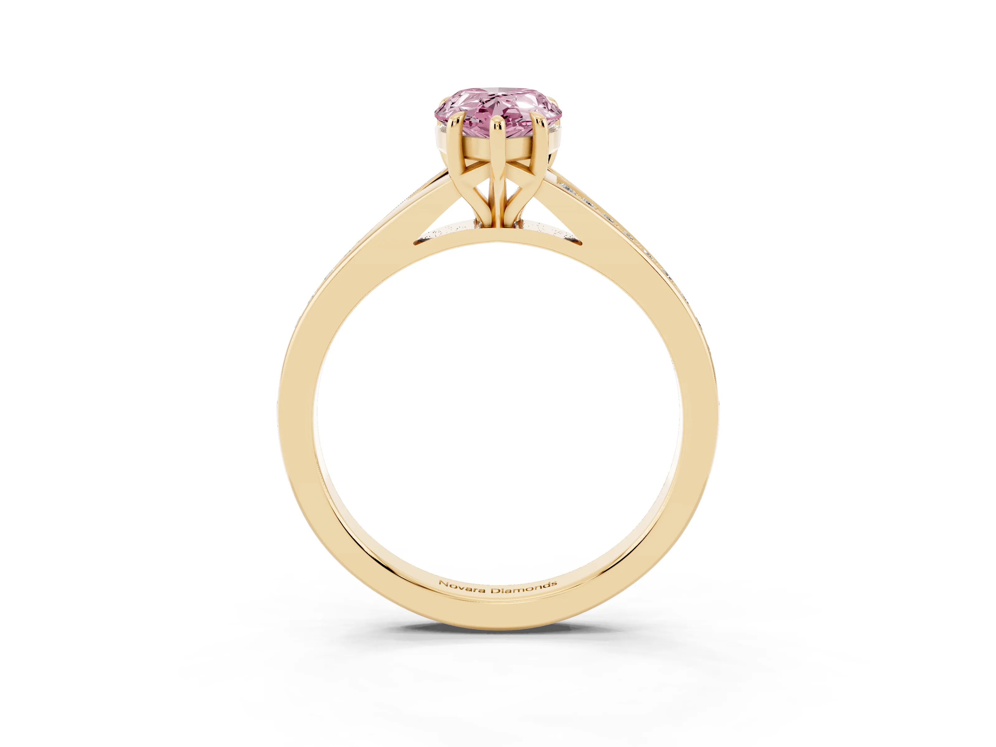 Fancy Pink Pear Cut Diamond Solitaire Ring Set in Yellow gold with Pavé Accent Band and Classic Prong Setting