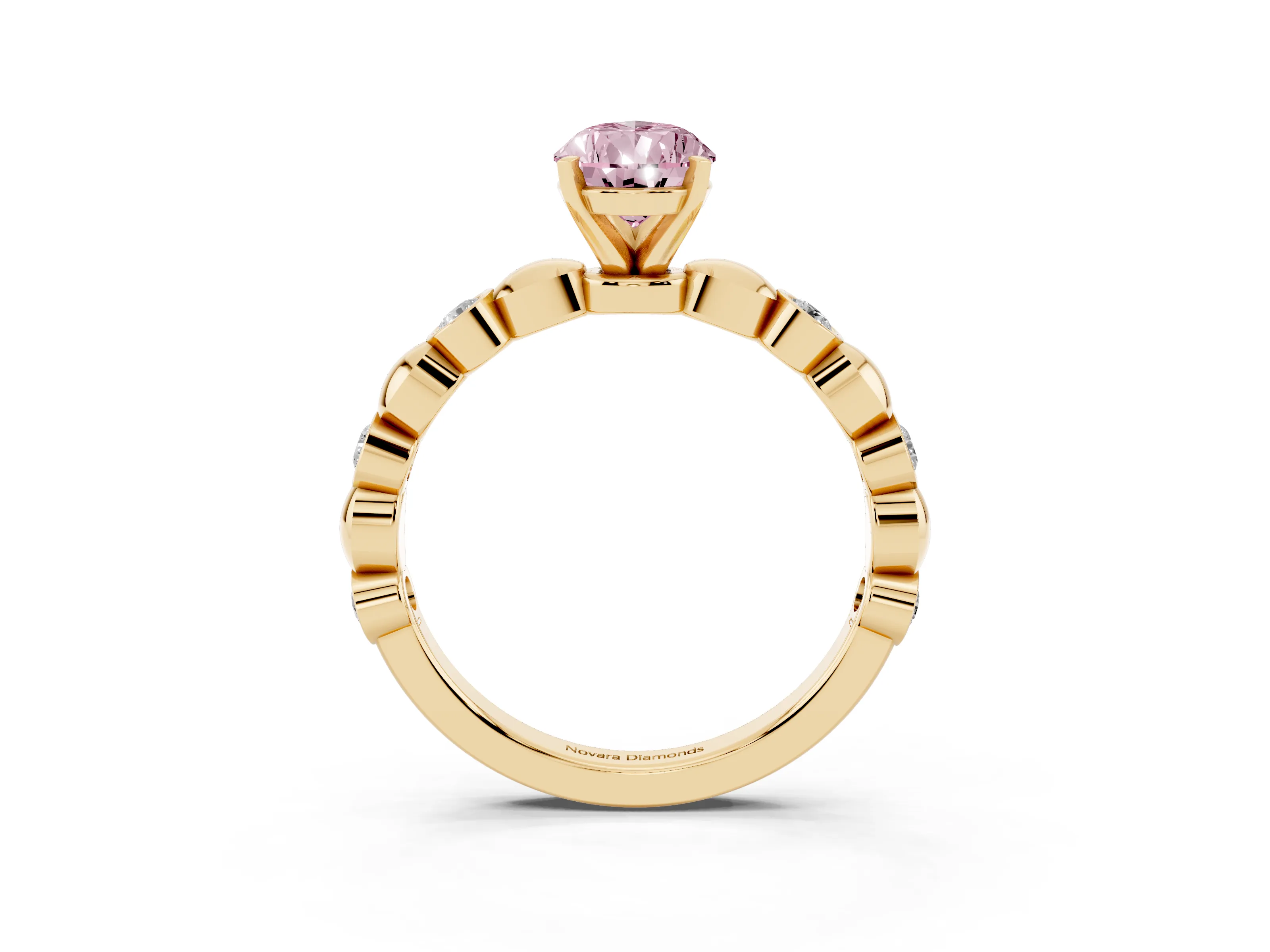 Fancy Pink Pear Cut Diamond Solitaire Ring Set in Yellow gold with Bezel-Set Accents on Beaded Band and Prong Setting