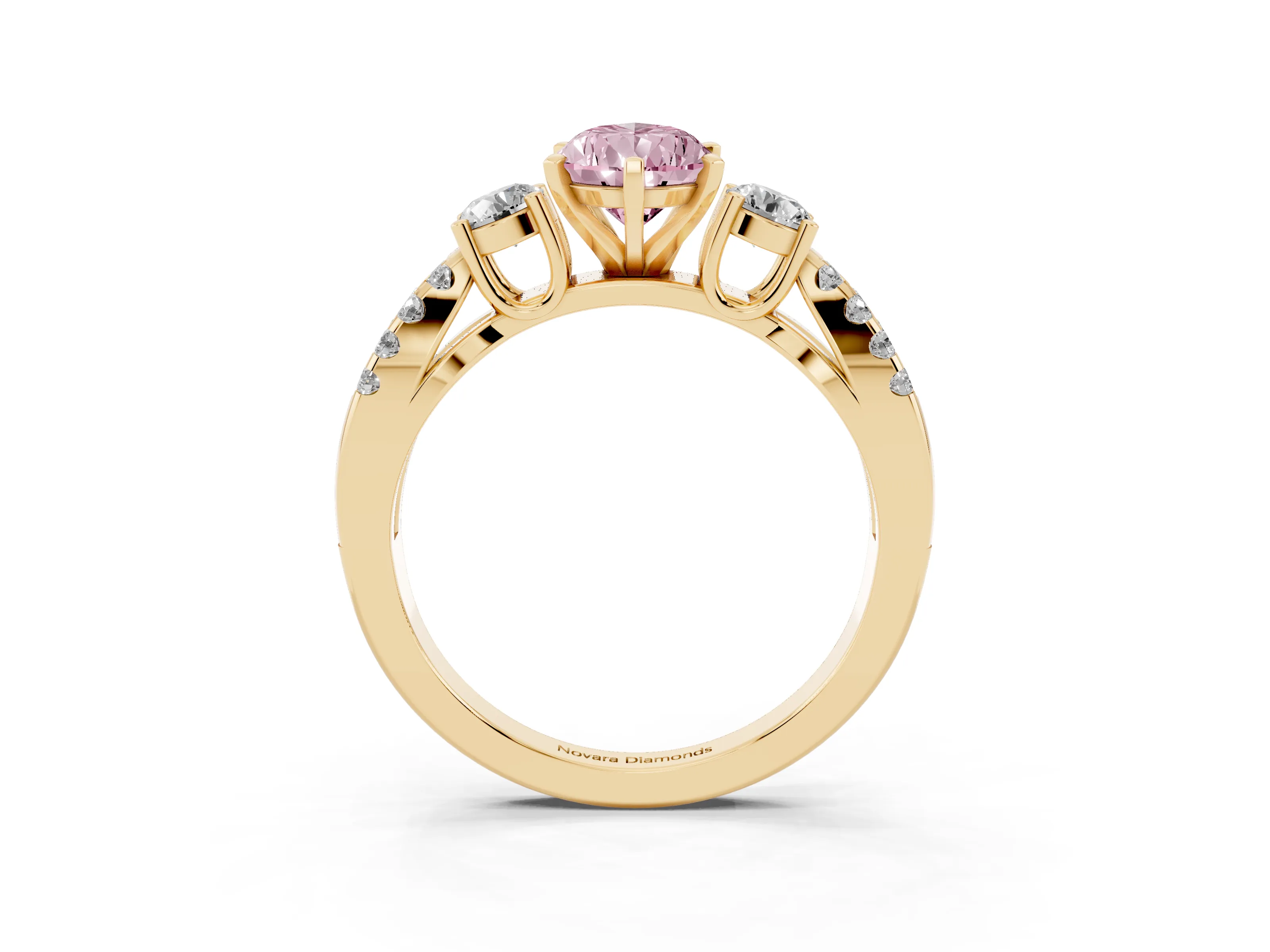 Fancy Pink Pear Cut Diamond Three-Stone Ring Set in Yellow gold with Pavé Split Shank and Prong Setting