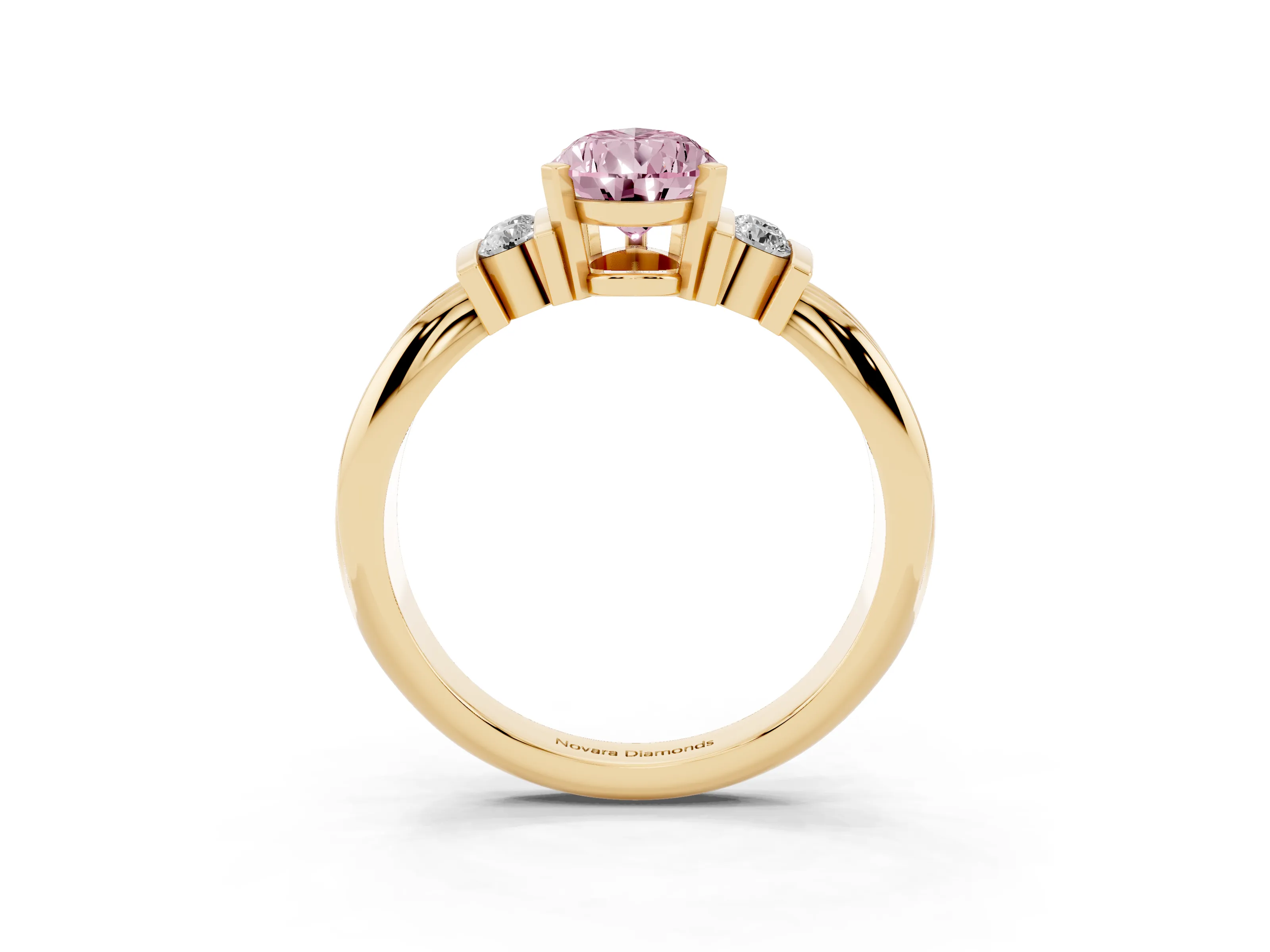 Fancy Pink Three-Stone Pear Cut Diamond Channel Set Ring Set in Yellow gold with Bar Prongs