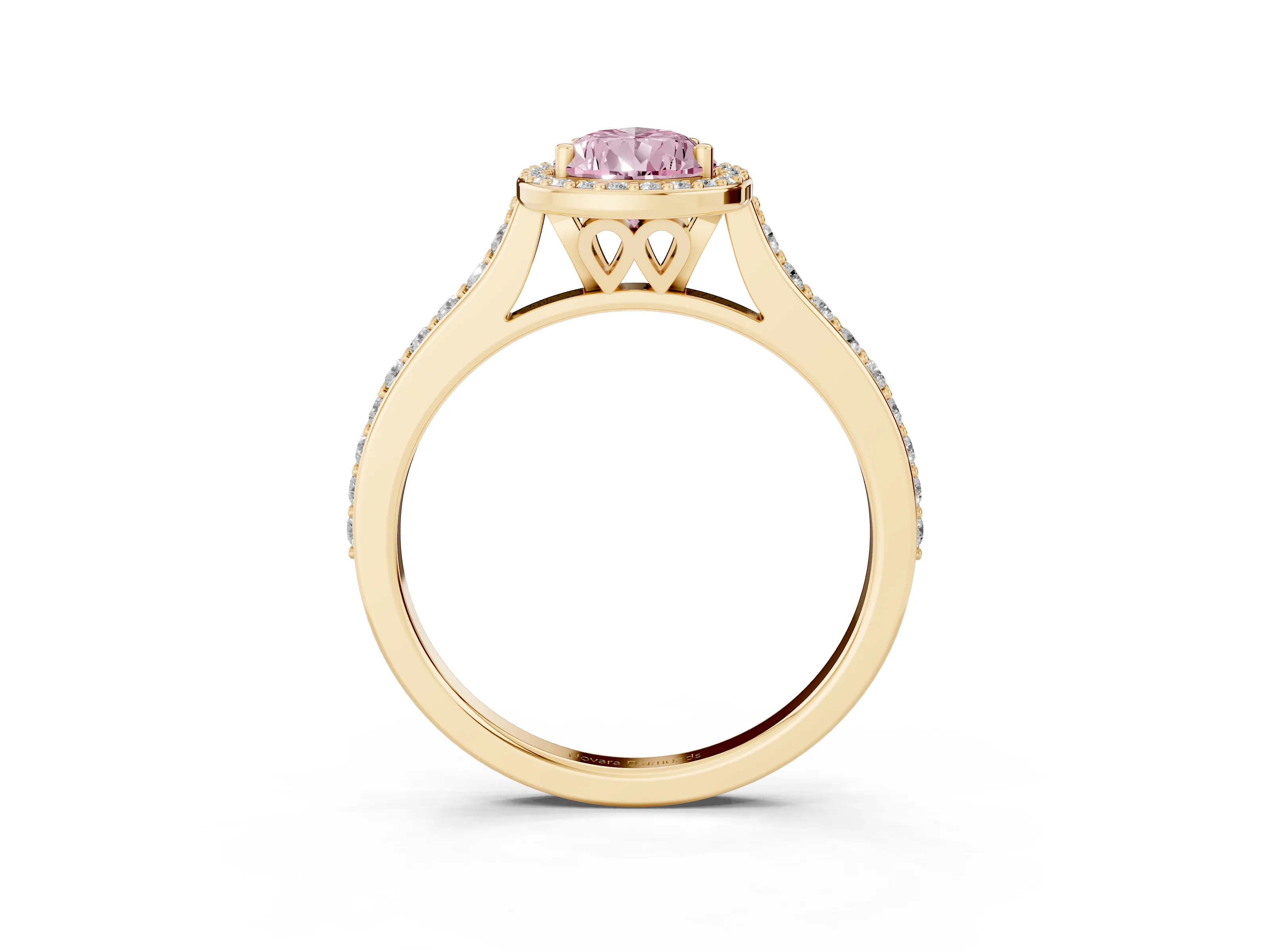 Fancy Pink Pear Cut Diamond Halo Engagement Ring Set in Yellow gold with Round Pavé Shoulders and Heart Gallery