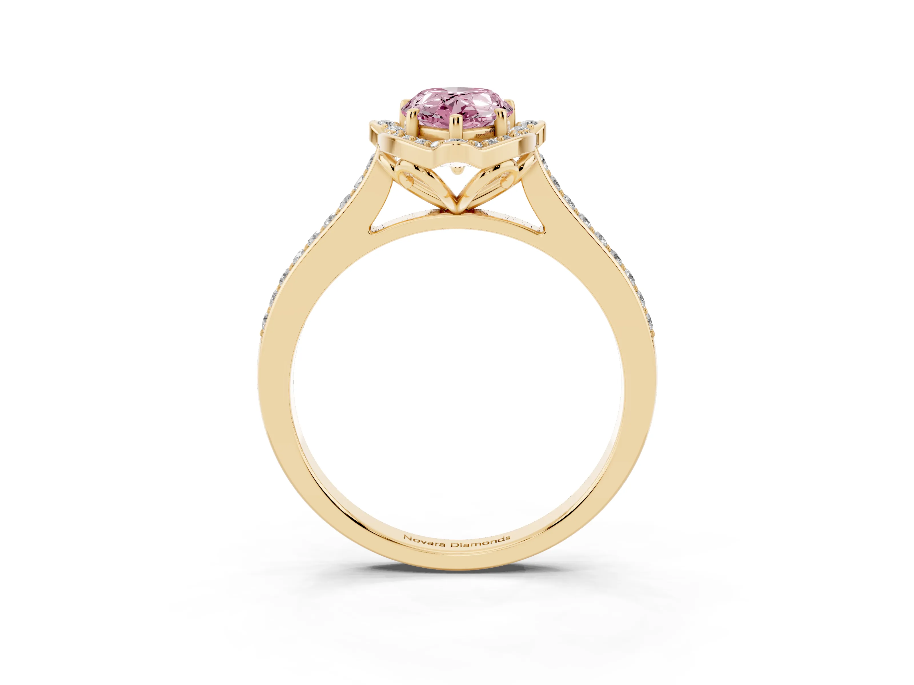 Fancy Pink Pear Cut Diamond Halo Ring Set in Yellow gold with Pavé-Lined Shoulders and Prong Setting