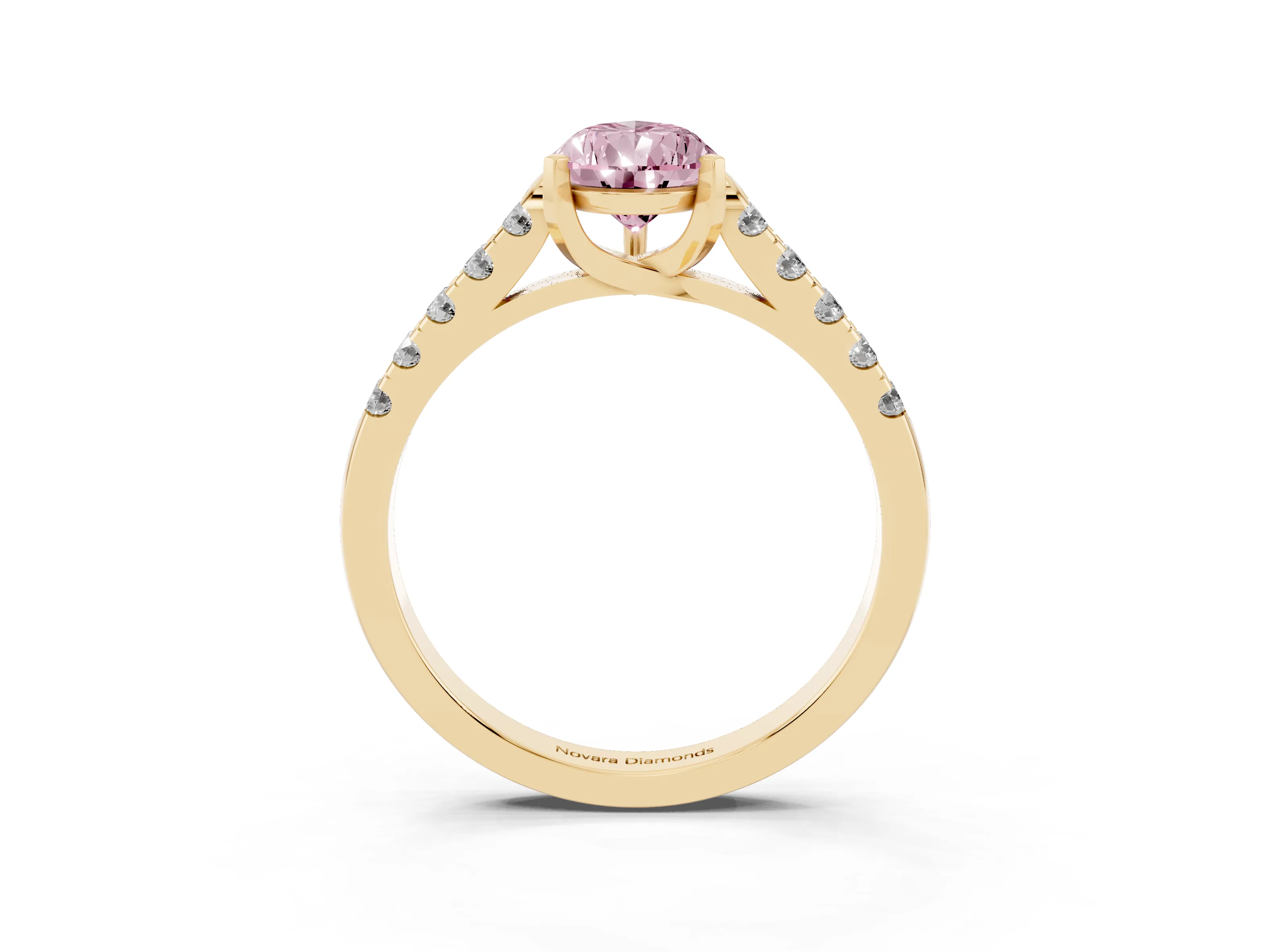 Fancy Pink Pear Cut Diamond Pavé Band Solitaire Ring Set in Yellow gold with Partway Accent Stones and Prong Setting