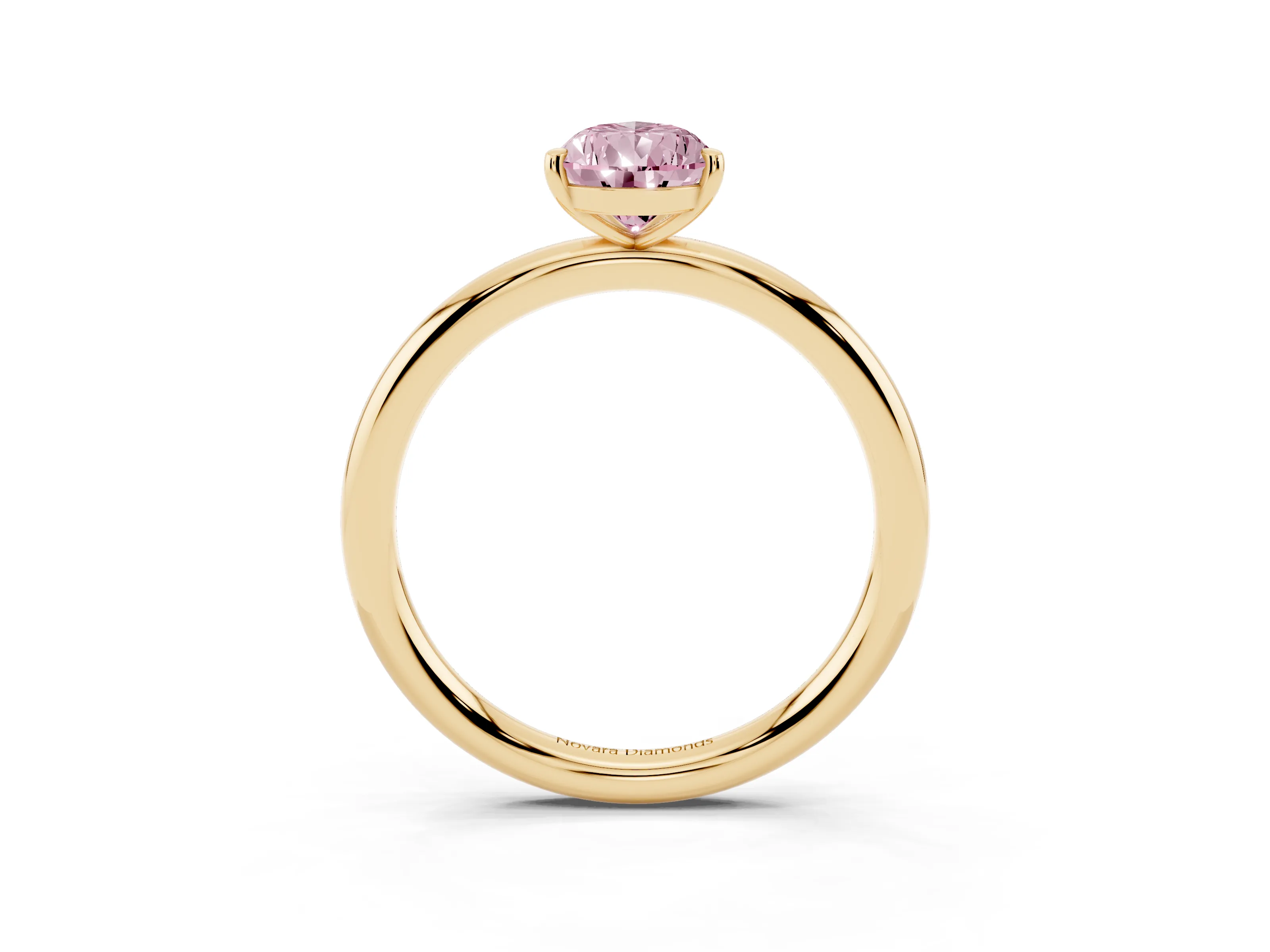 Fancy Pink Pear Cut Diamond Solitaire Ring Set in Yellow gold with Prong Setting on a Polished Plain Band