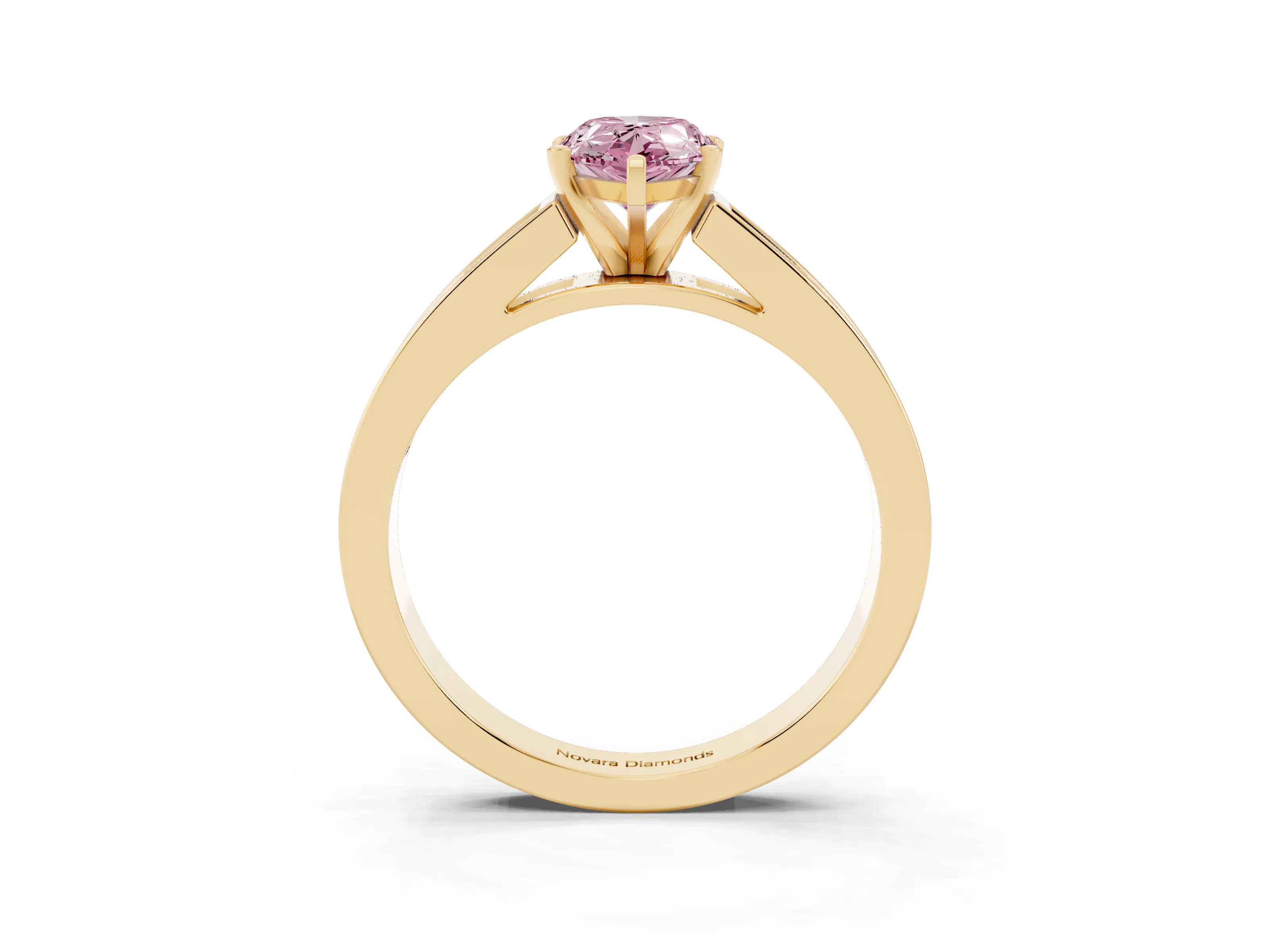 Fancy Pink Pear Cut Diamond Solitaire Ring Set in Yellow gold with Channel-Set Band and Prong Setting