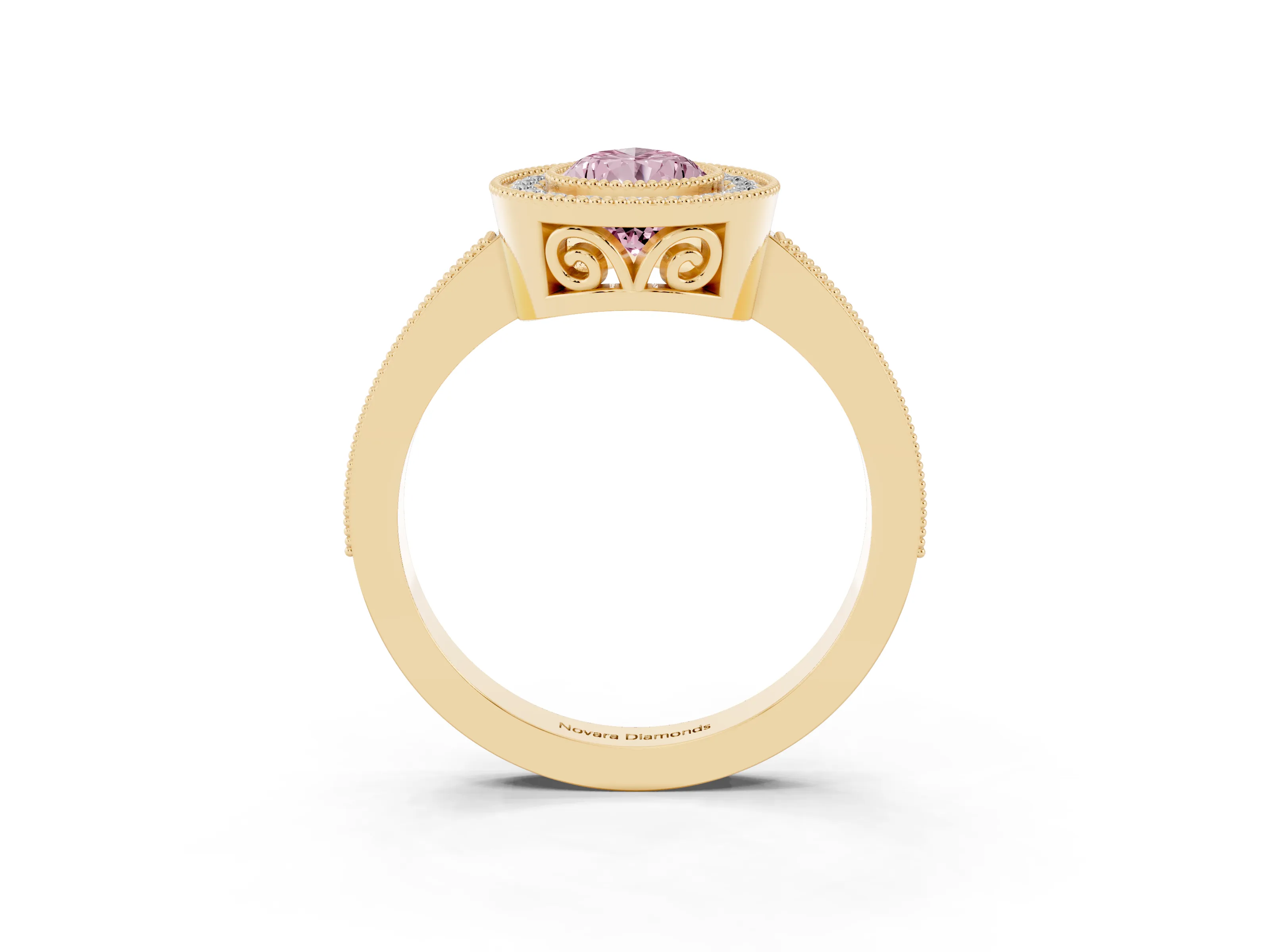 Fancy Pink Pear Cut Diamond Halo Ring Set in Yellow gold with Pavé Band and Milgrain-Edged Prongs