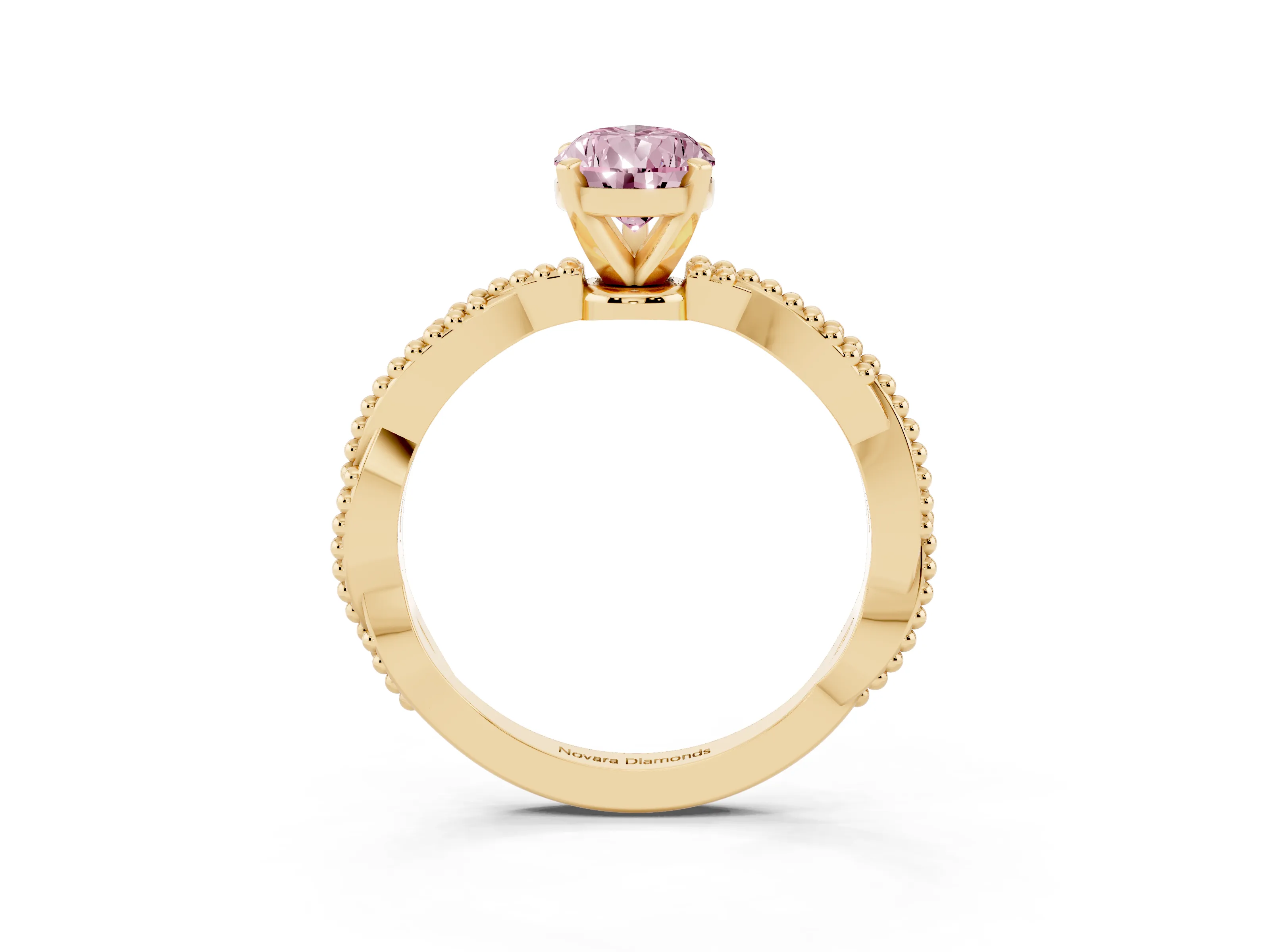 Fancy Pink Pear Cut Diamond Solitaire Ring Set in Yellow gold with Twisted Band and Bead Prong Setting