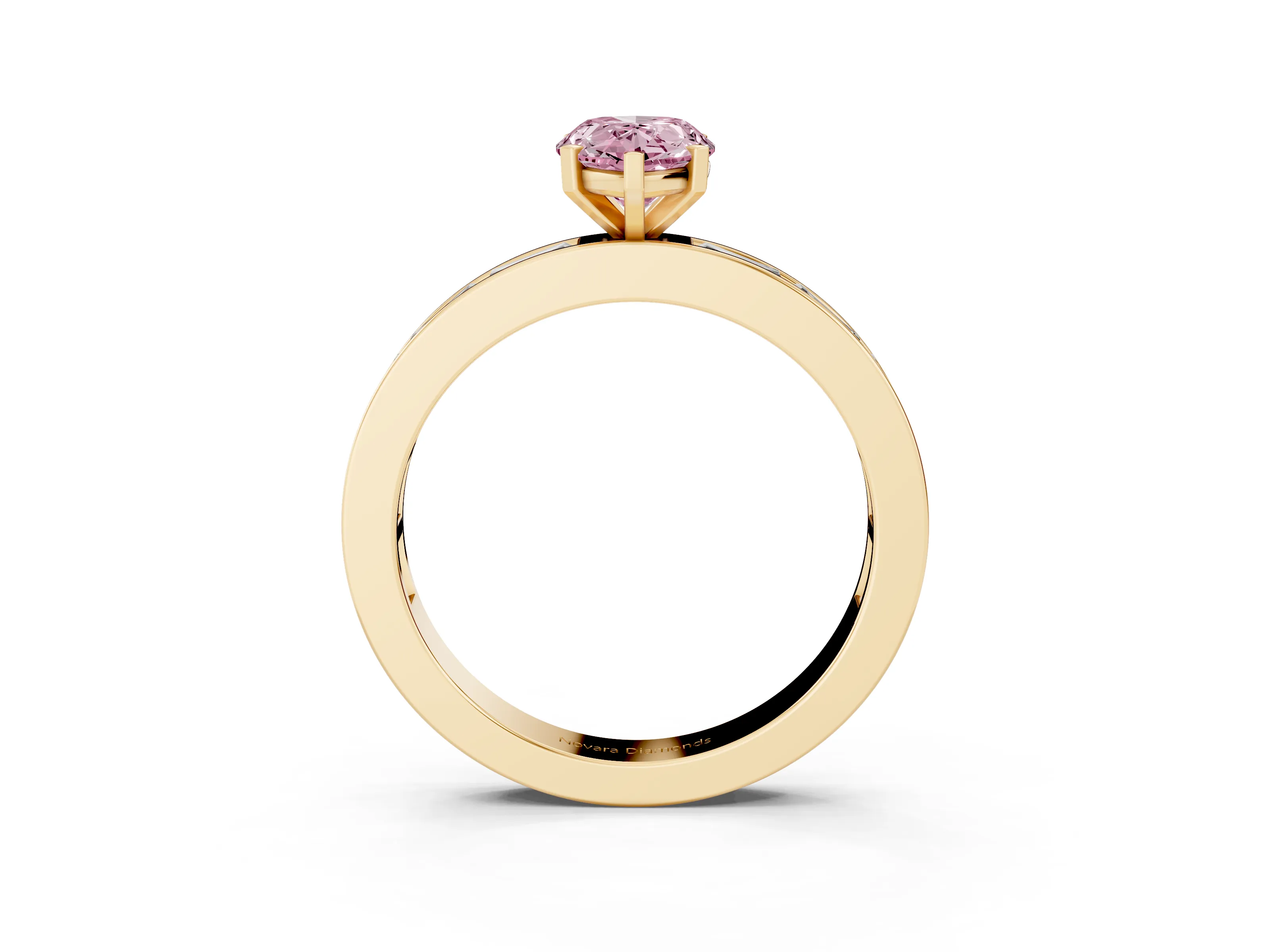 Fancy Pink Pear Cut Diamond Solitaire Ring Set in Yellow gold with Channel-Set Baguette Band and Prong Setting