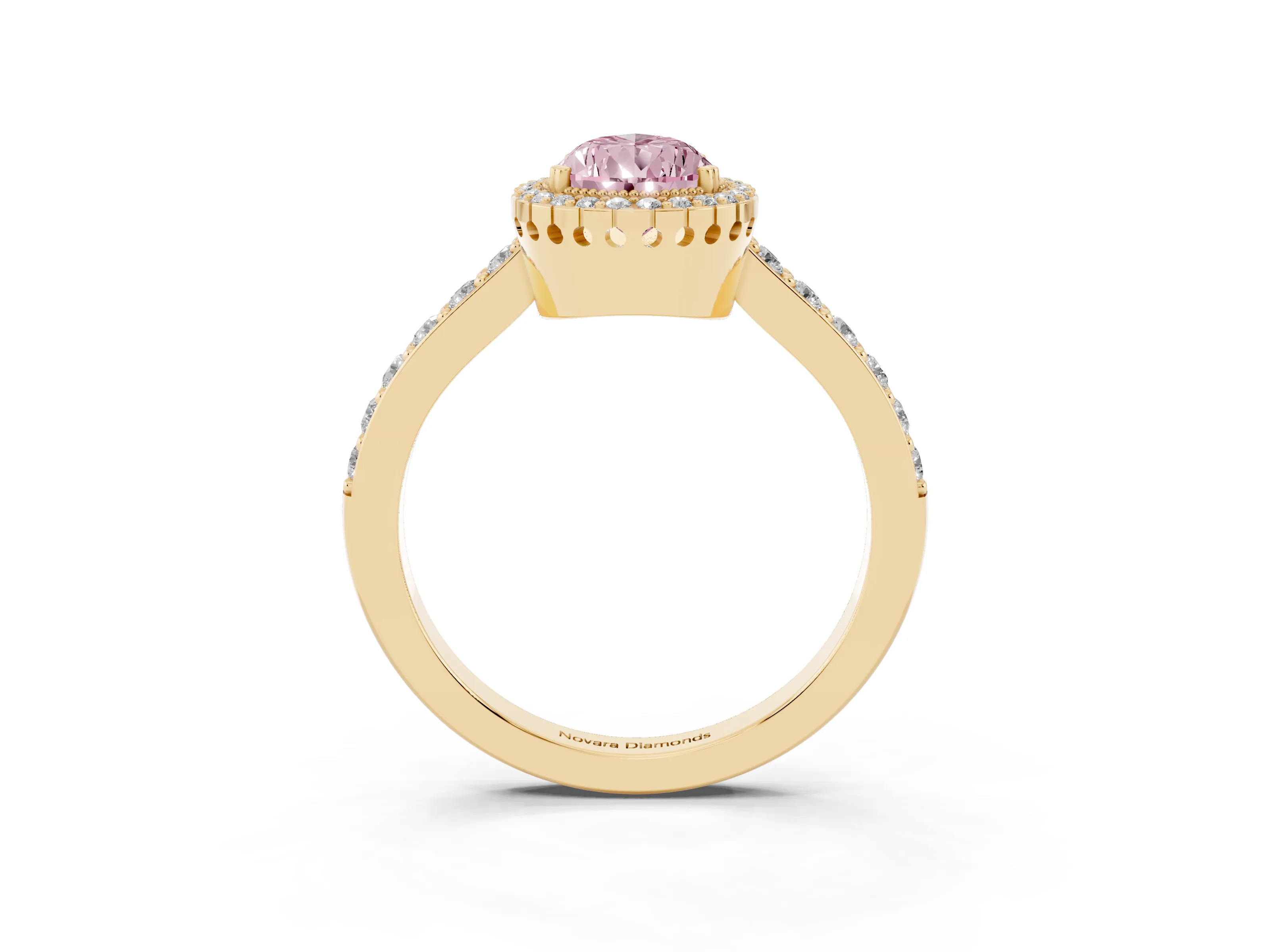 Fancy Pink Pear Cut Diamond Halo Engagement Ring Set in Yellow gold with Milgrain Detail and Pavé Band