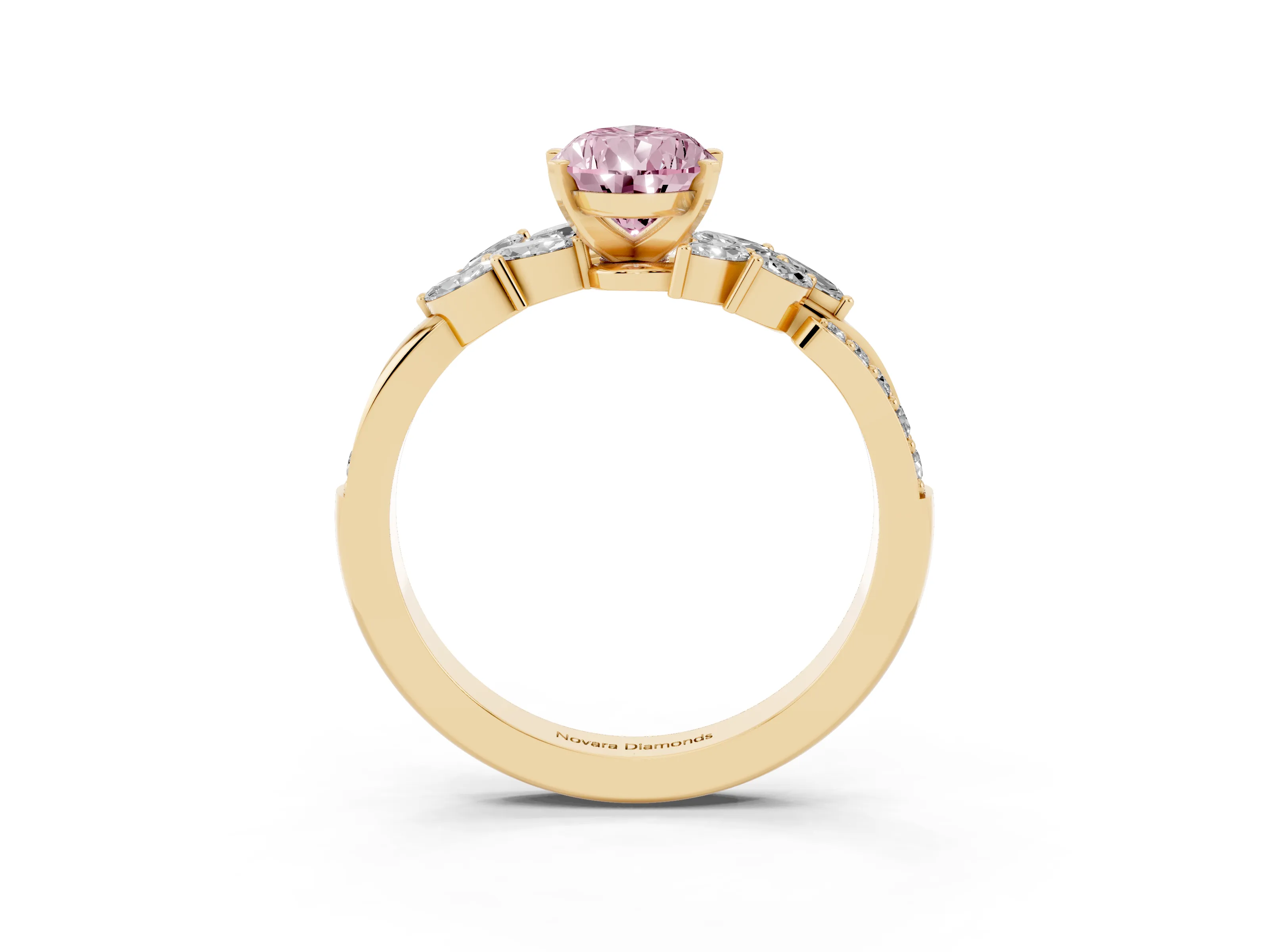 Fancy Pink Pear Cut Diamond Solitaire Ring Set in Yellow gold with Marquise Twist Band and Prong Setting
