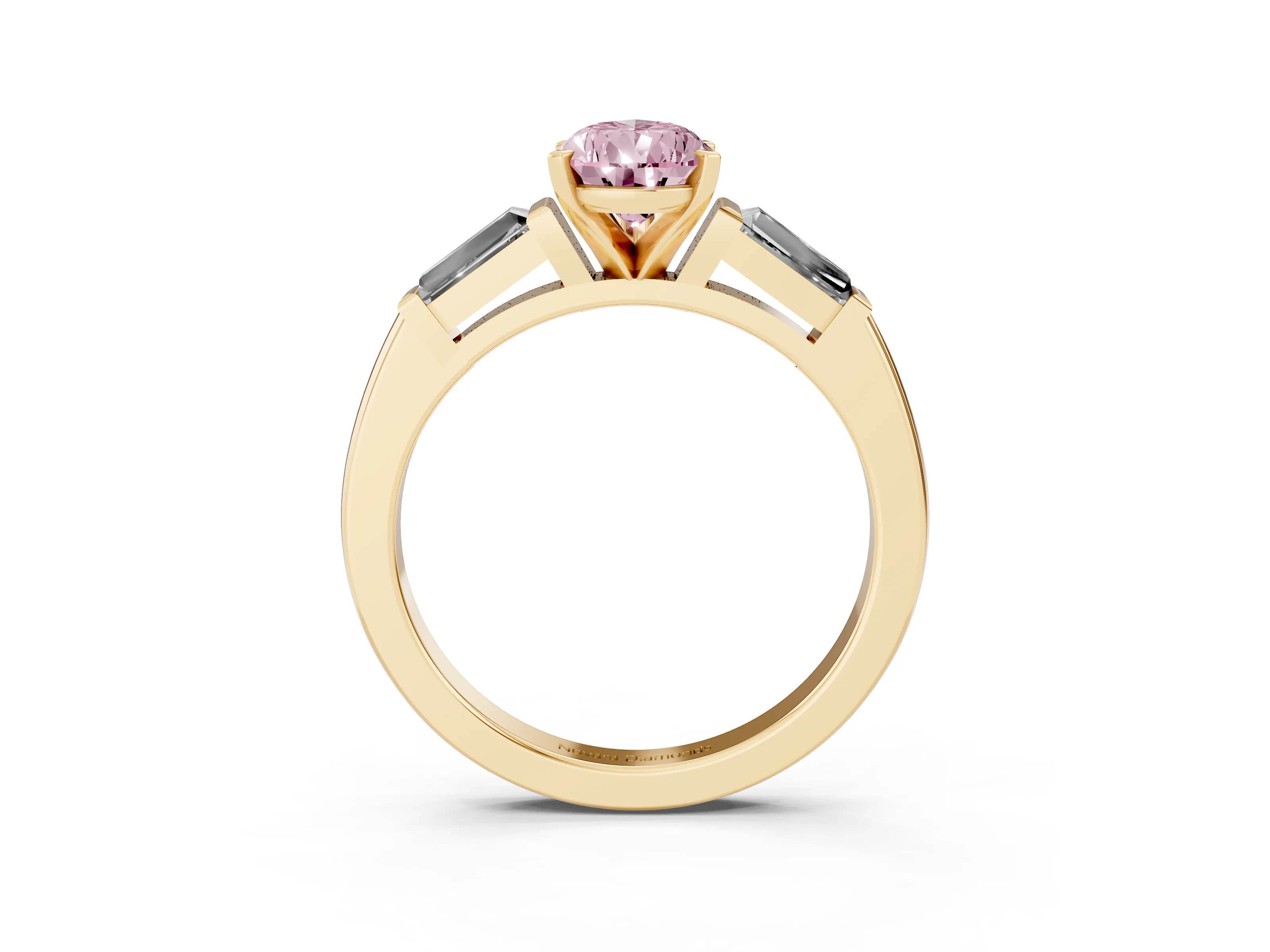Fancy Pink Pear Cut Diamond Solitaire Ring Set in Yellow gold with Tapered Baguette Side Stones and Prong Setting