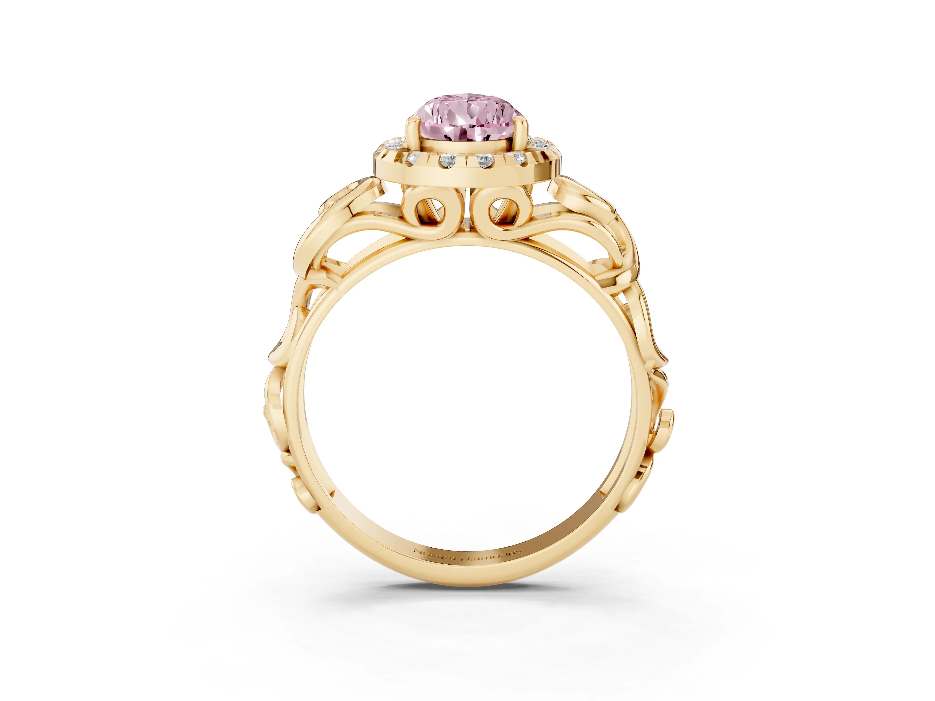 Fancy Pink Pear Cut Diamond Halo Ring Set in Yellow gold with Scrollwork Band and Prong Setting