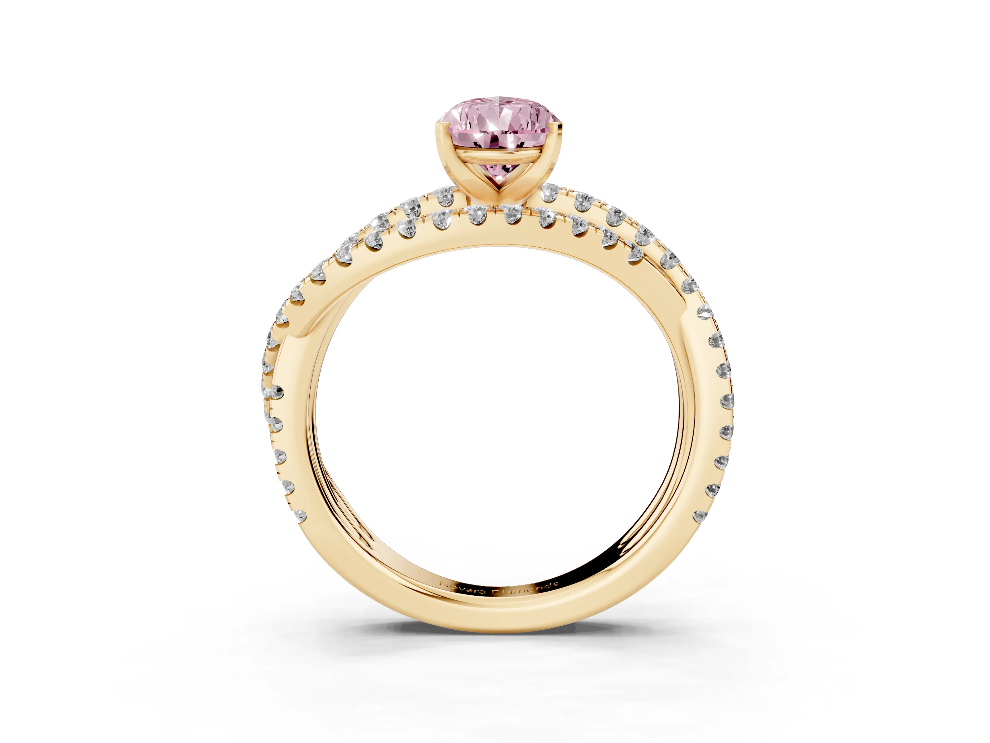 Fancy Pink Pear Cut Diamond Solitaire Twist Band Ring Set in Yellow gold with Pavé Setting and Prong Head
