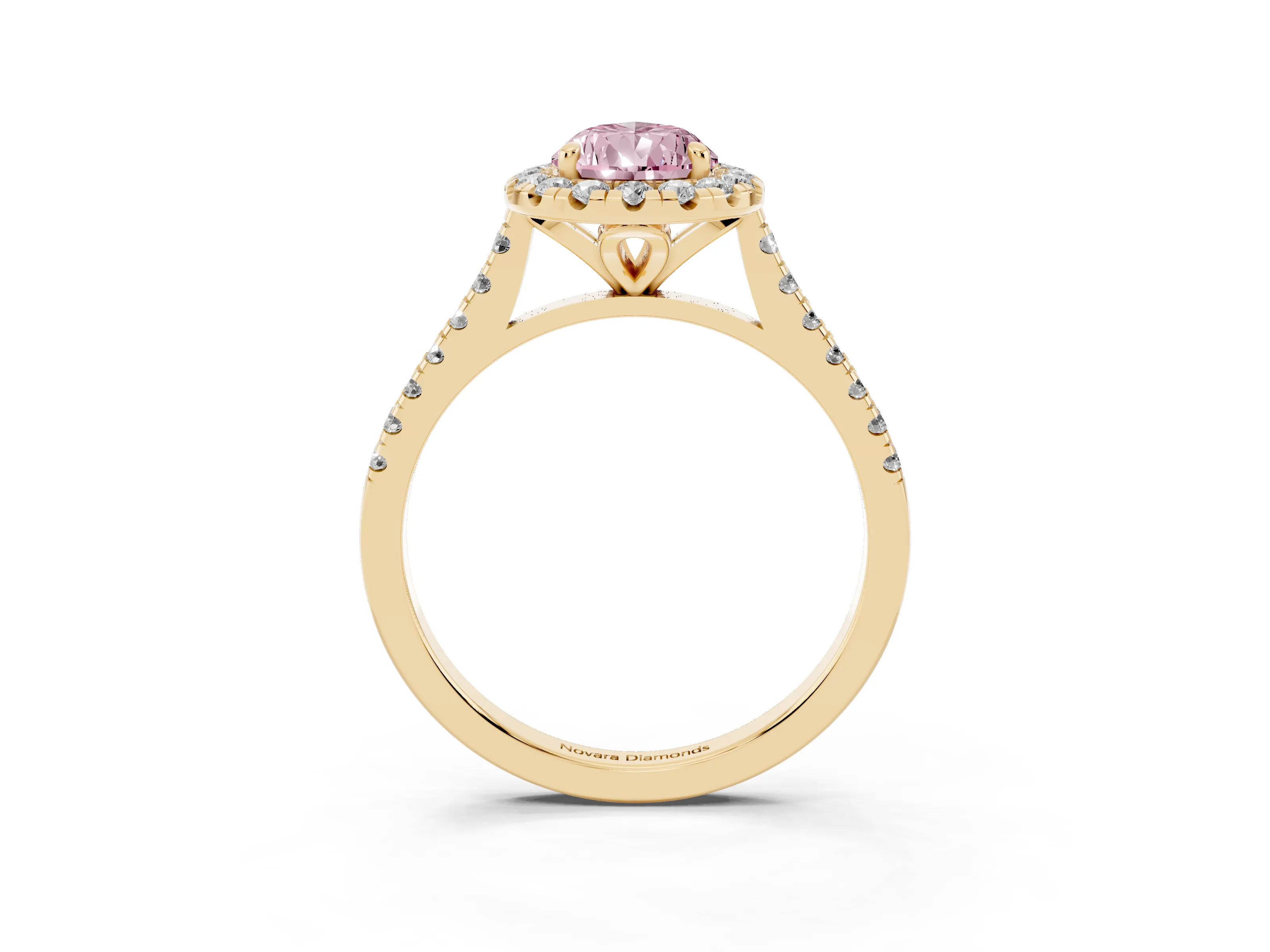 Fancy Pink Pear Cut Diamond Cushion Halo Ring Set in Yellow gold with Pavé Band