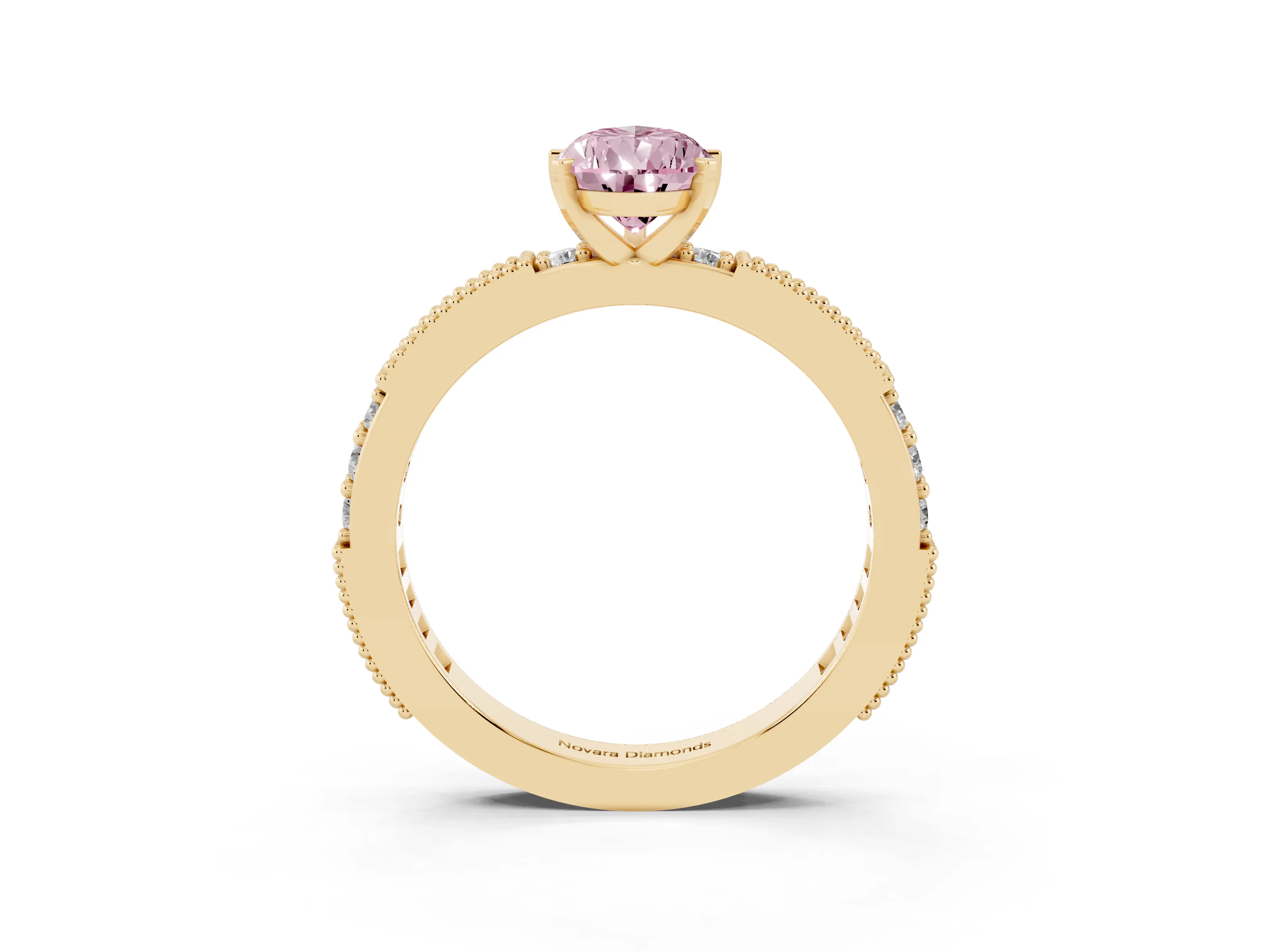 Fancy Pink Pear Cut Diamond Solitaire Ring Set in Yellow gold with Slim Pavé Band and Prong Setting