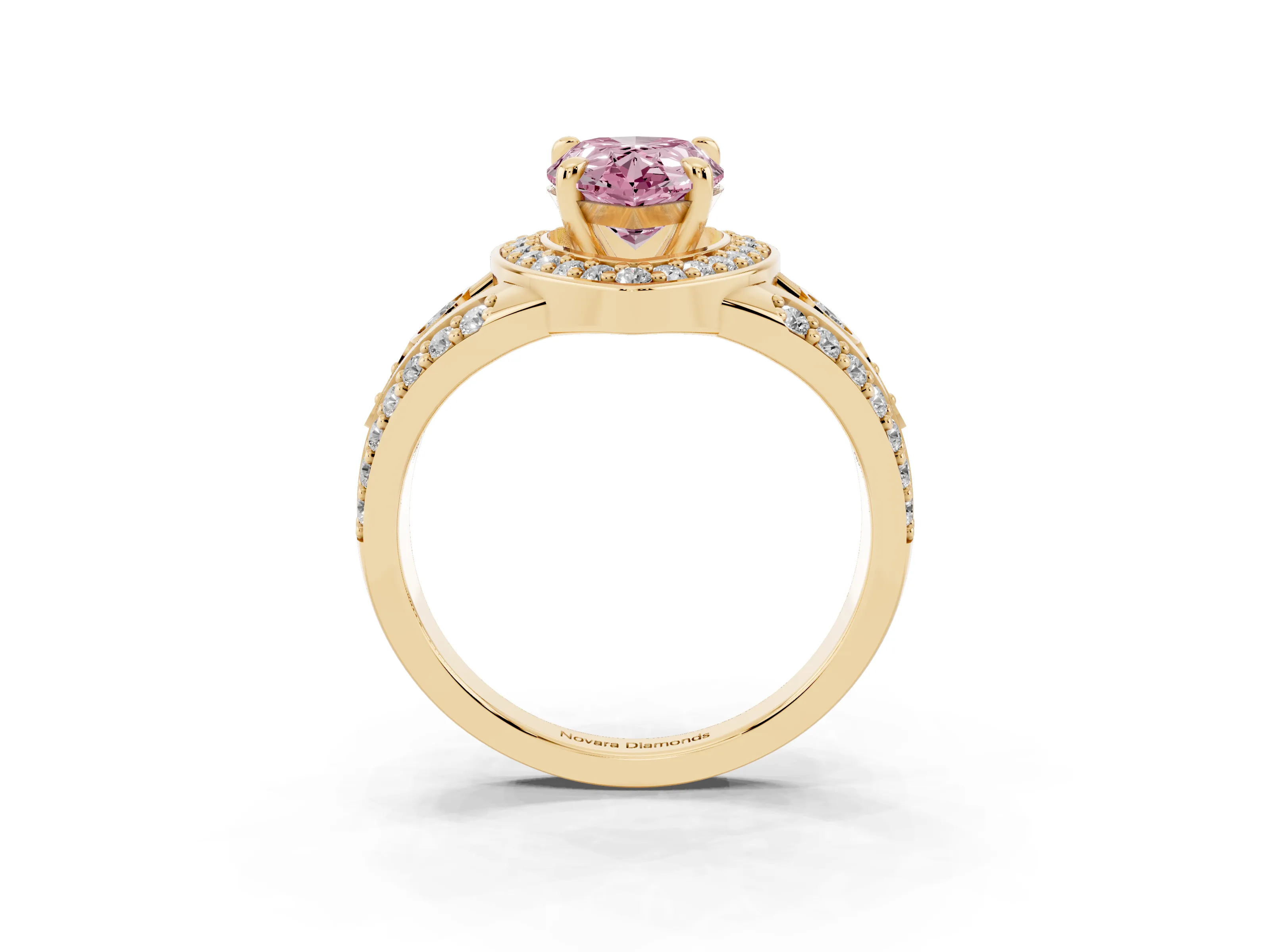 Fancy Pink Pear Cut Diamond Halo Ring Set in Yellow gold with Pavé Split Shank and Bezel Accents