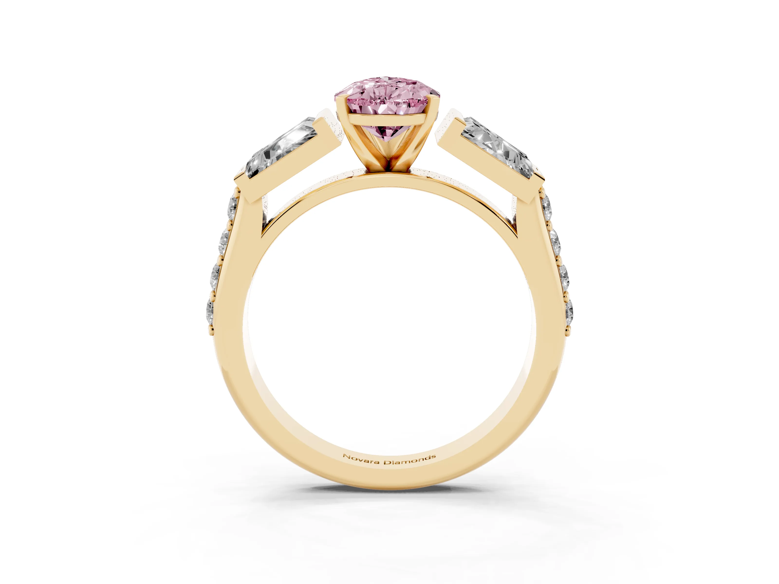 Fancy Pink Pear Cut Diamond Engagement Ring Set in Yellow gold with Baguette Side Stones and Channel Set Band