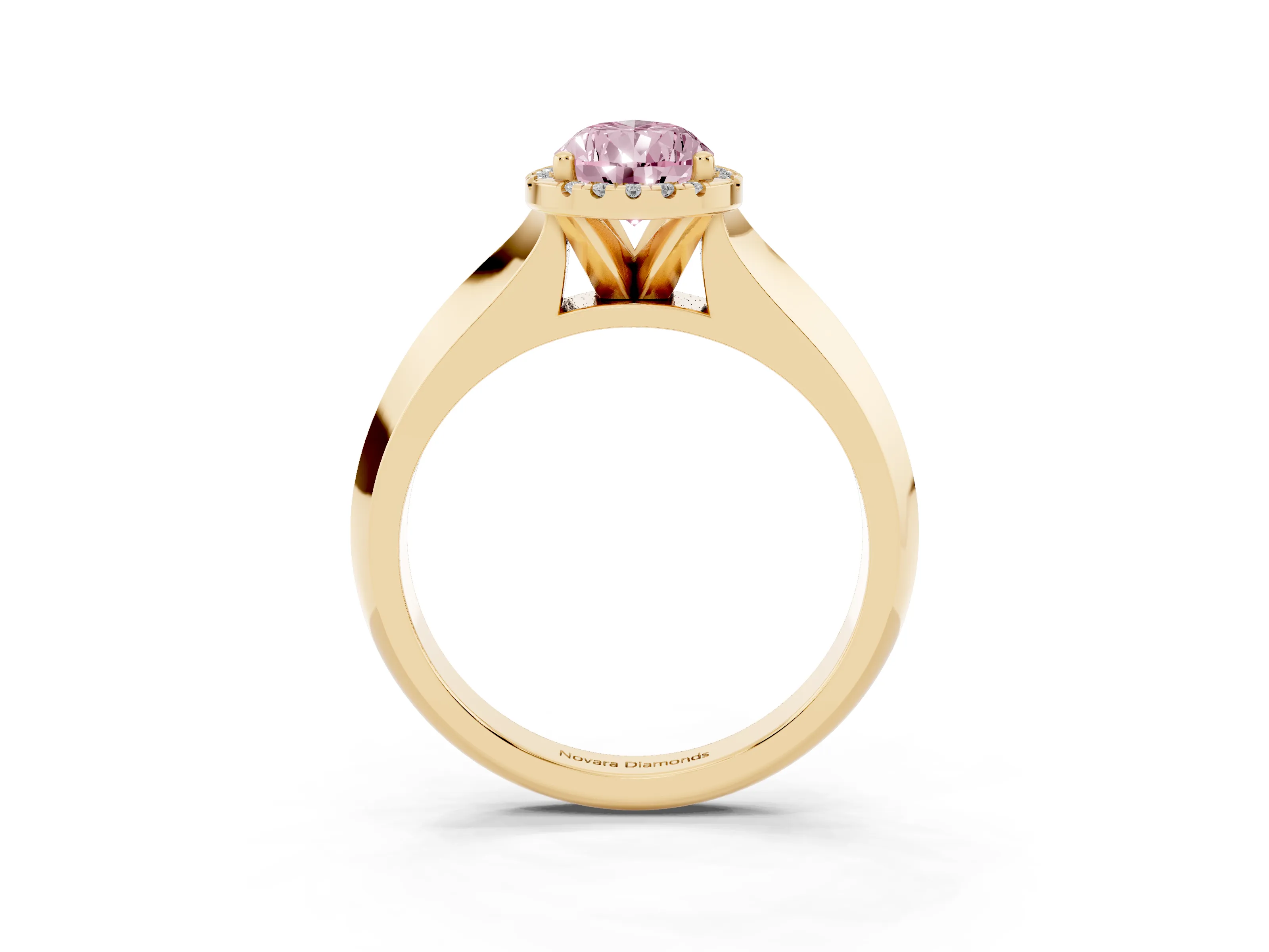 Fancy Pink Pear Cut Diamond Halo Ring Set in Yellow gold with Cathedral Band and Prong Setting