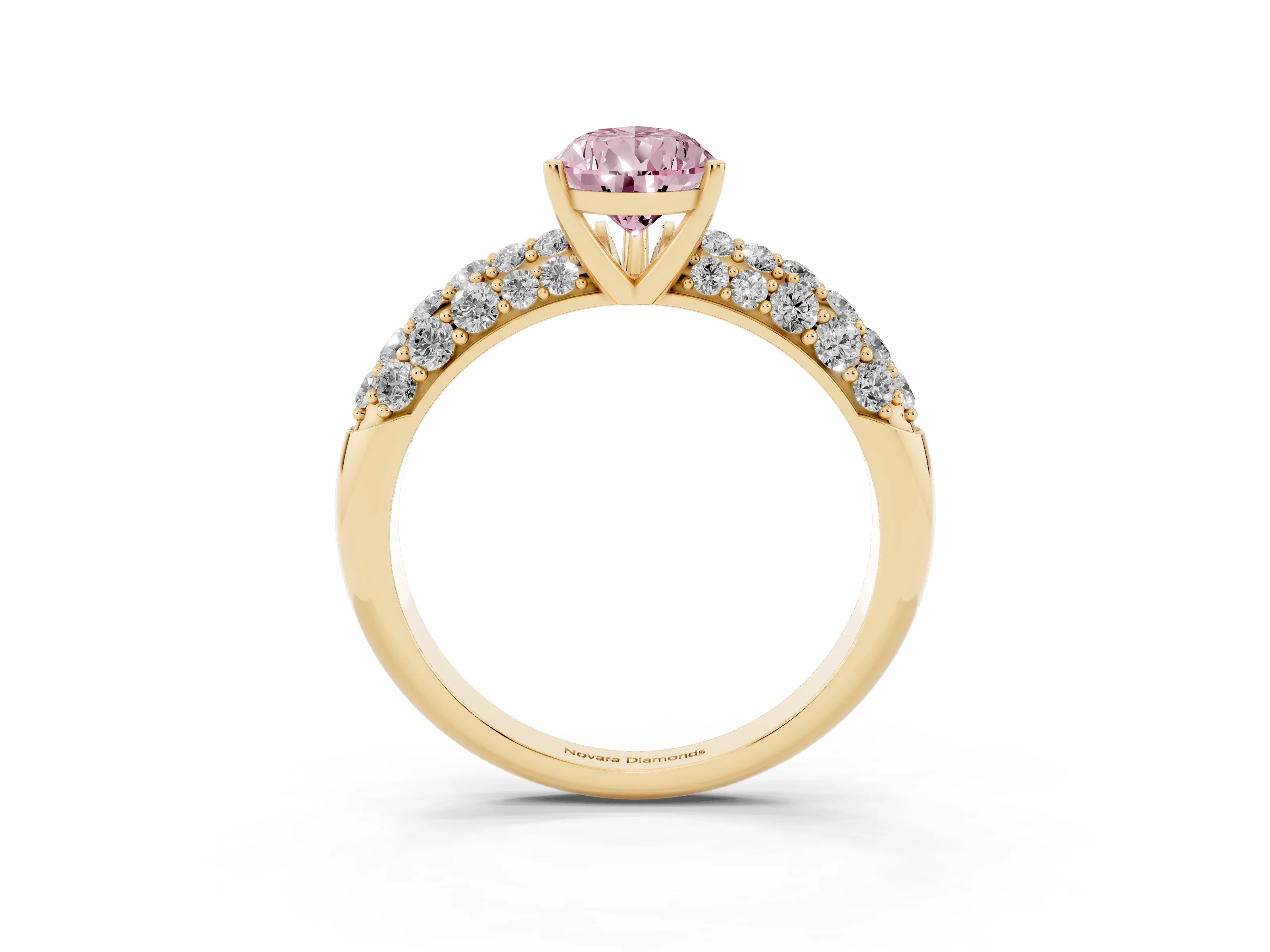 Fancy Pink Pear Cut Diamond Pavé Band Solitaire Ring Set in Yellow gold with Close-Set Accent Stones and Prong Setting