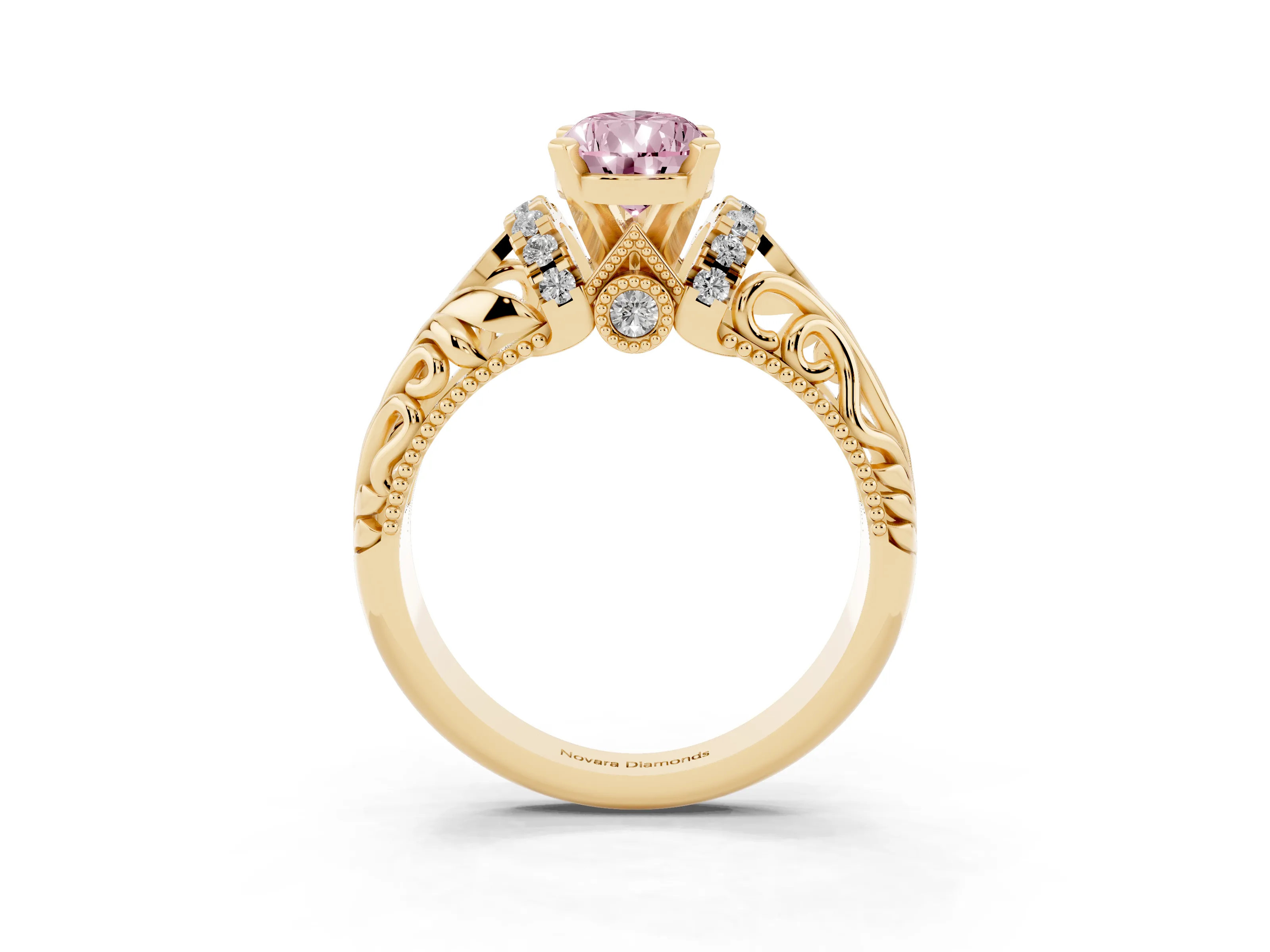 Fancy Pink Pear Cut Diamond Filigree Halo Engagement Ring Set in Yellow gold with Prong Setting