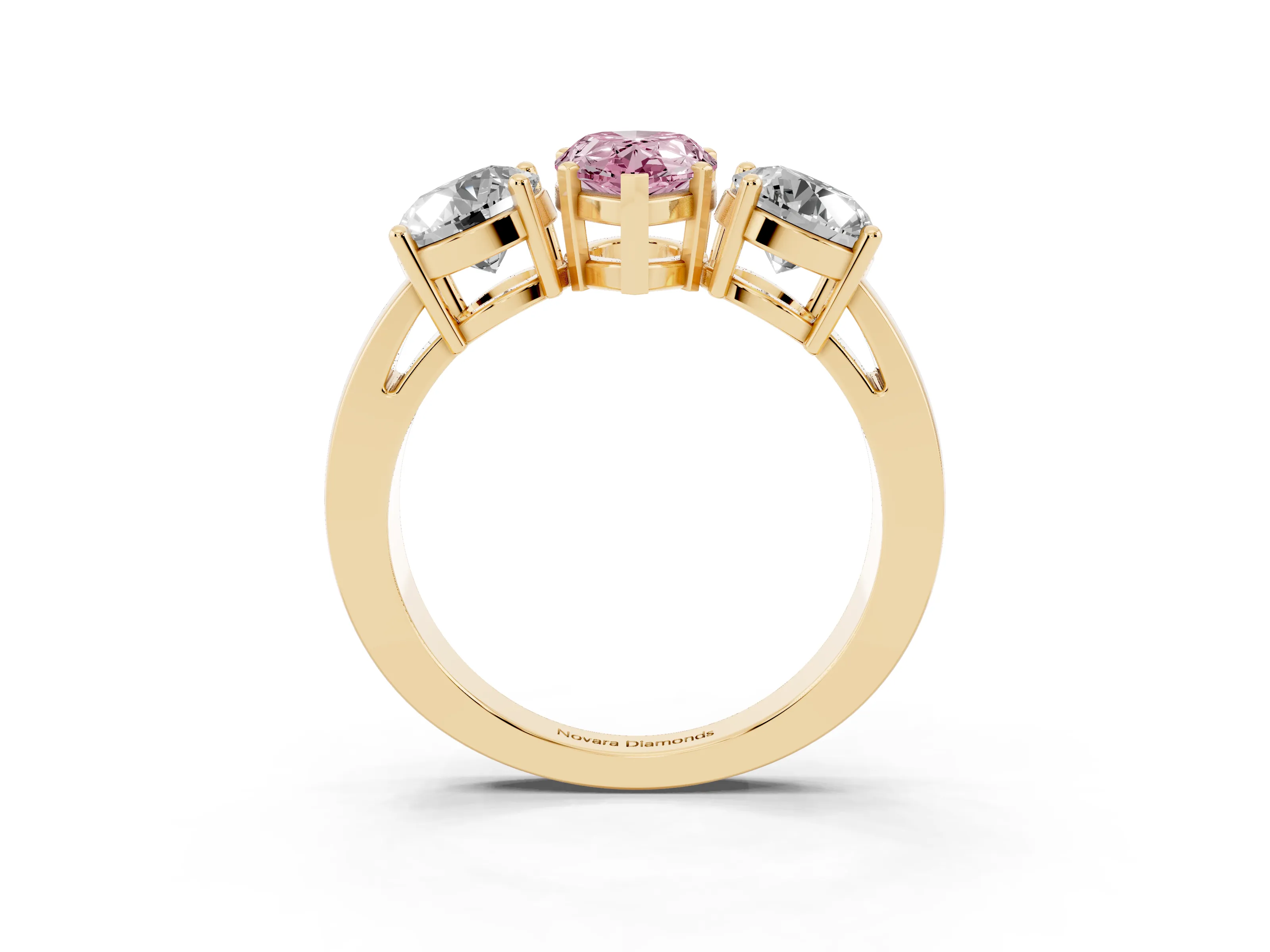 Fancy Pink Pear Cut Diamond Three-Stone Ring Set in Yellow gold with Round Side Stones and Classic Band