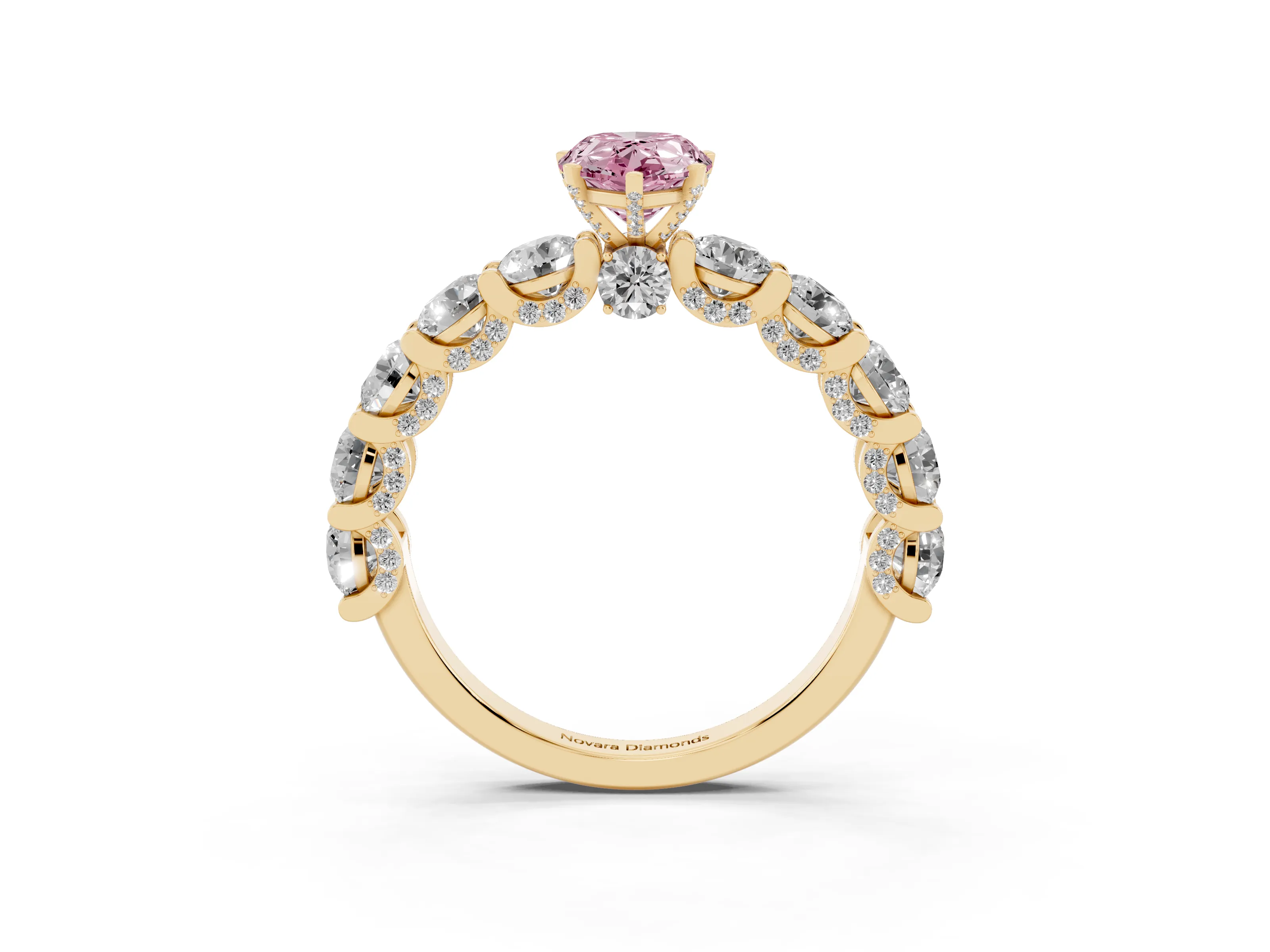 Fancy Pink Pear Cut Diamond Side Stone Ring Set in Yellow gold with Alternating Round and Oval Side Stones