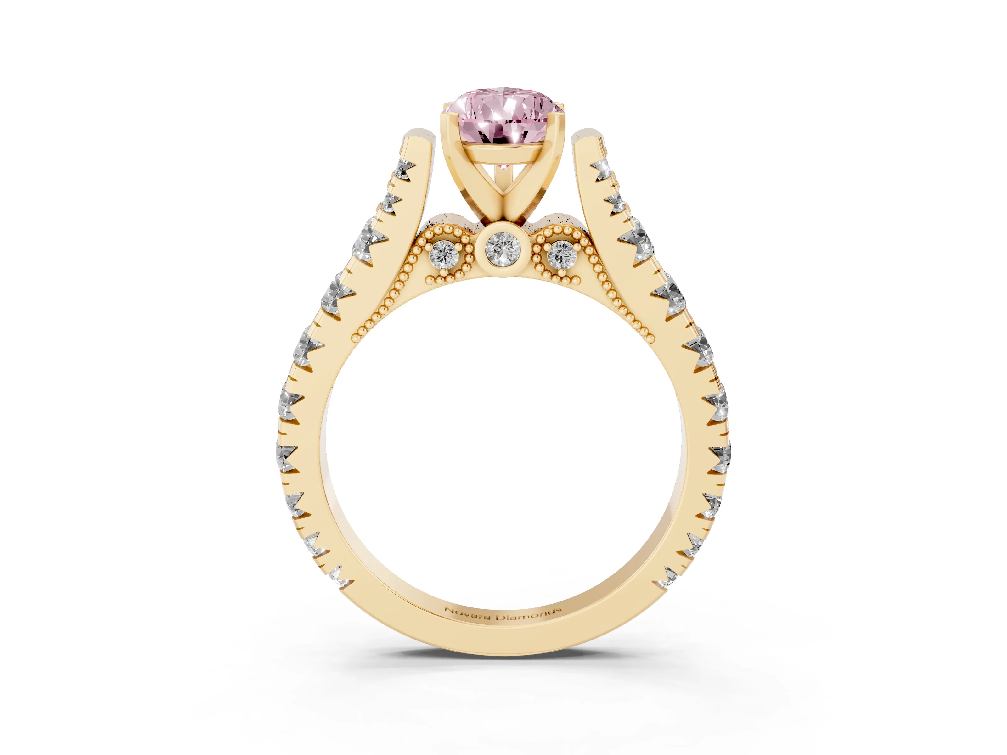 Fancy Pink Pear Cut Diamond Classic Solitaire Ring Set in Yellow gold with Pavé Band and Prong Setting