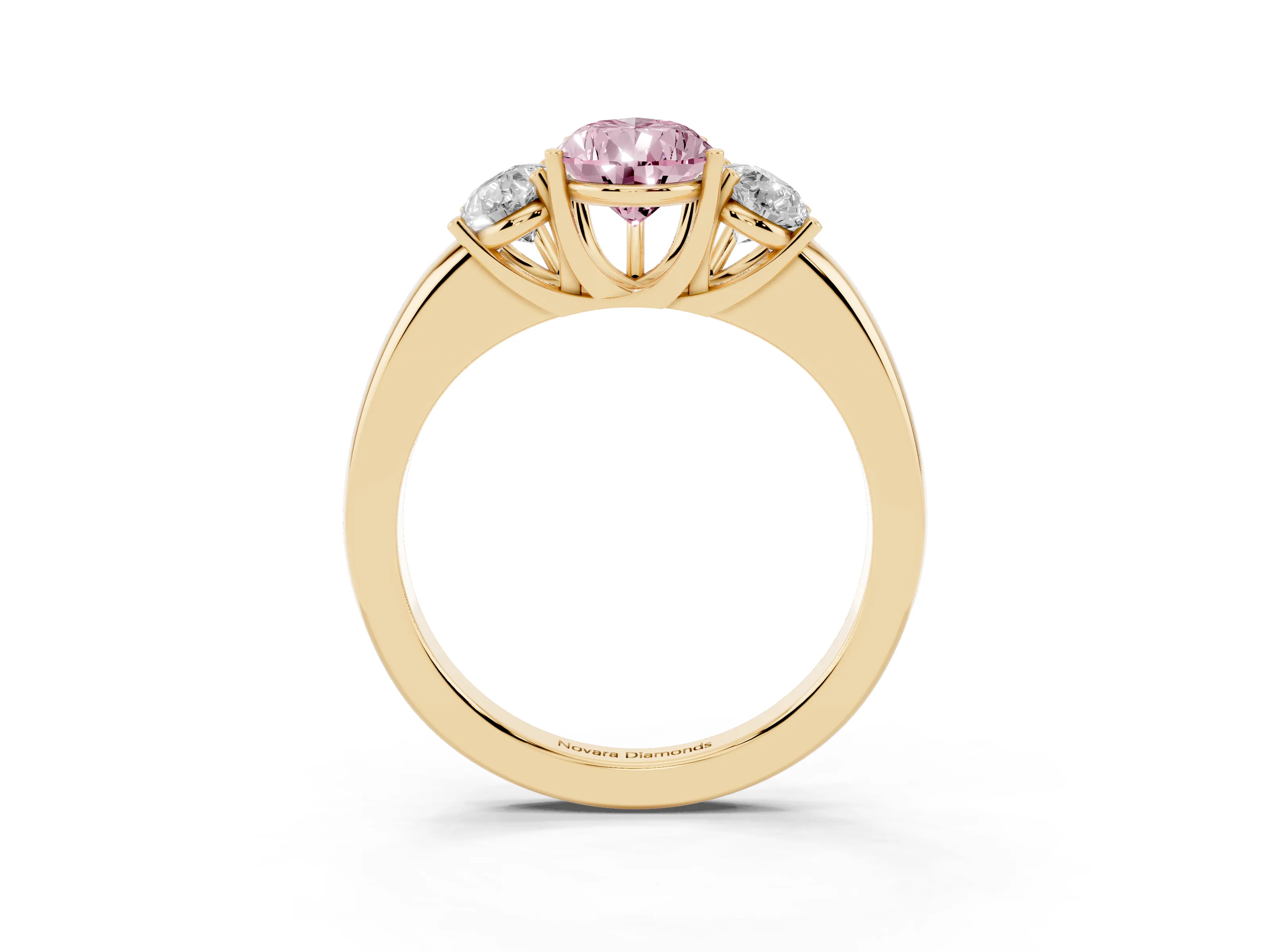 Fancy Pink Pear Cut Diamond Three-Stone Ring Set in Yellow gold with Bold Center and Classic Band