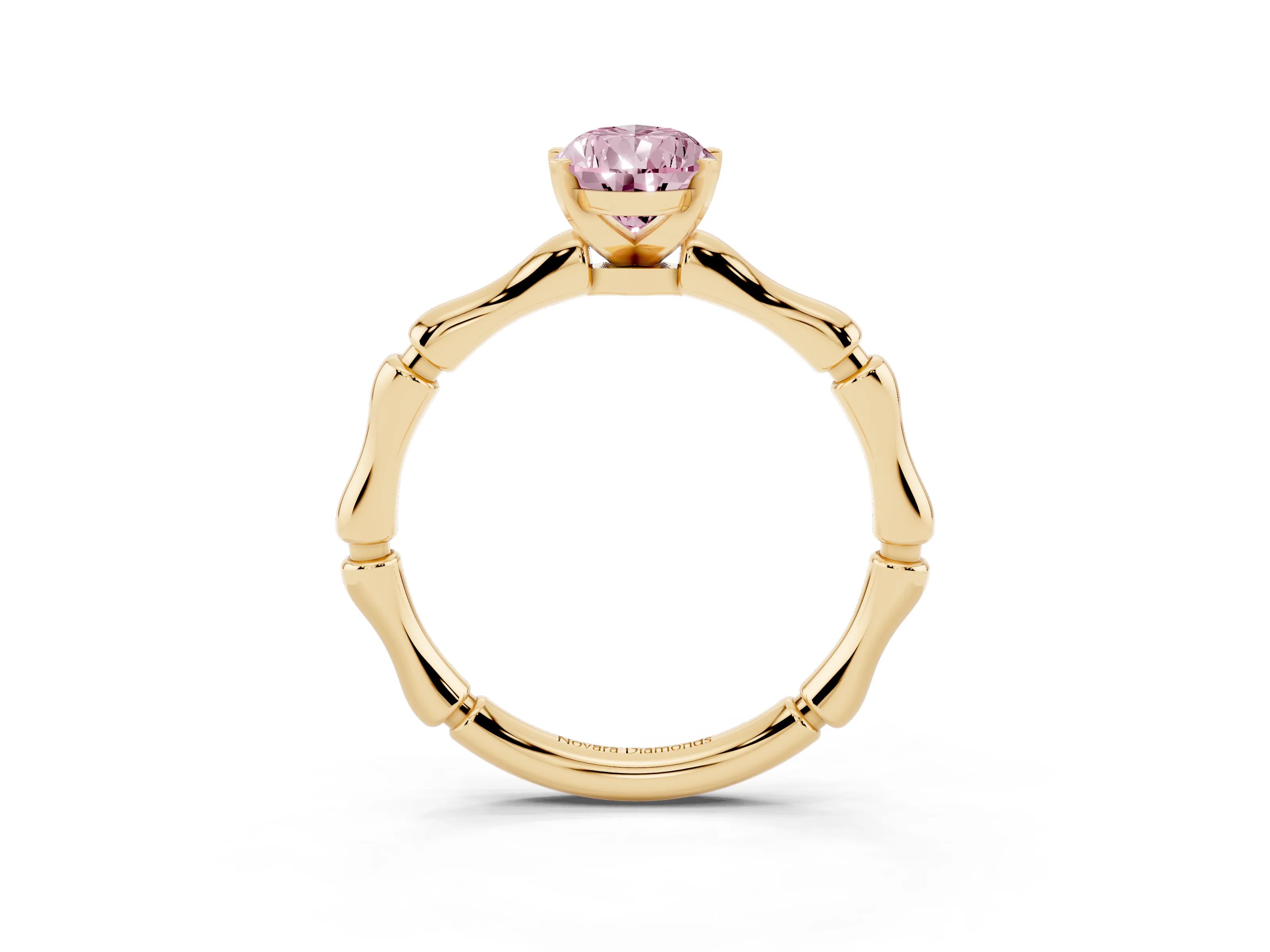 Fancy Pink Pear Cut Diamond Solitaire Ring Set in Yellow gold with Bamboo Band and Prong Setting