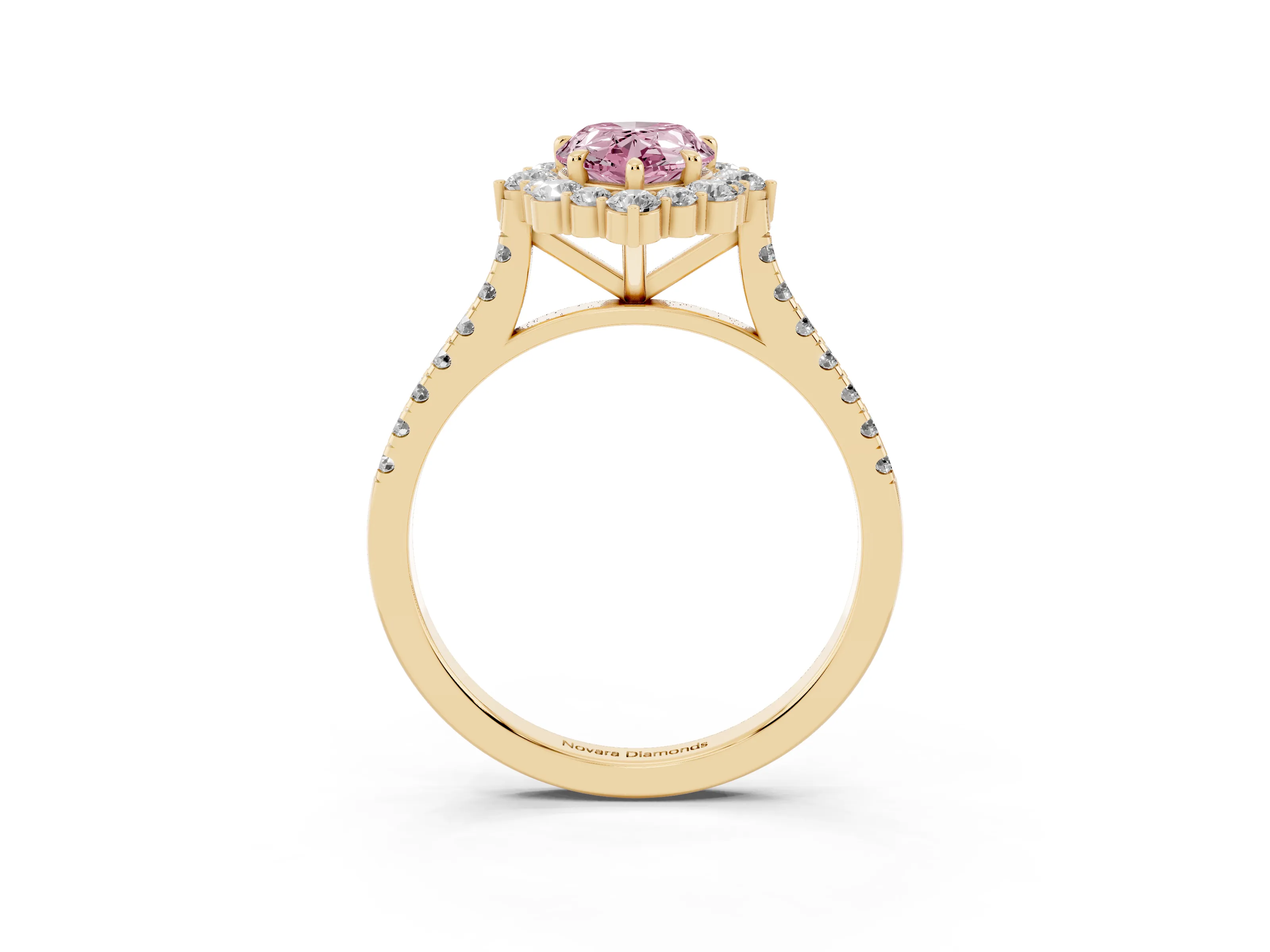 Fancy Pink Pear Cut Diamond Halo Ring Set in Yellow gold with Pavé Band and Prong Setting