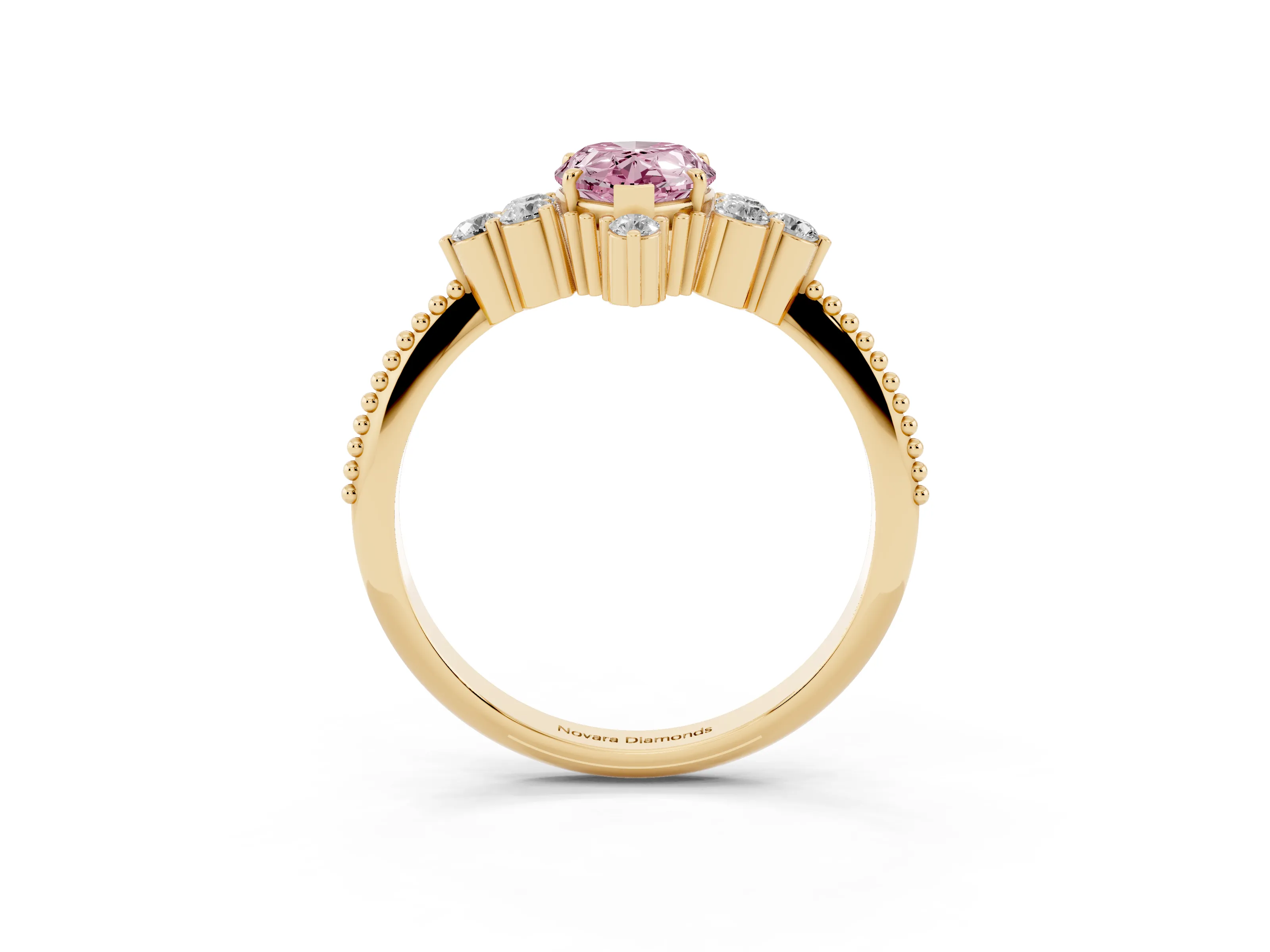 Fancy Pink Pear Cut Diamond Cluster Ring Set in Yellow gold with Beaded Band
