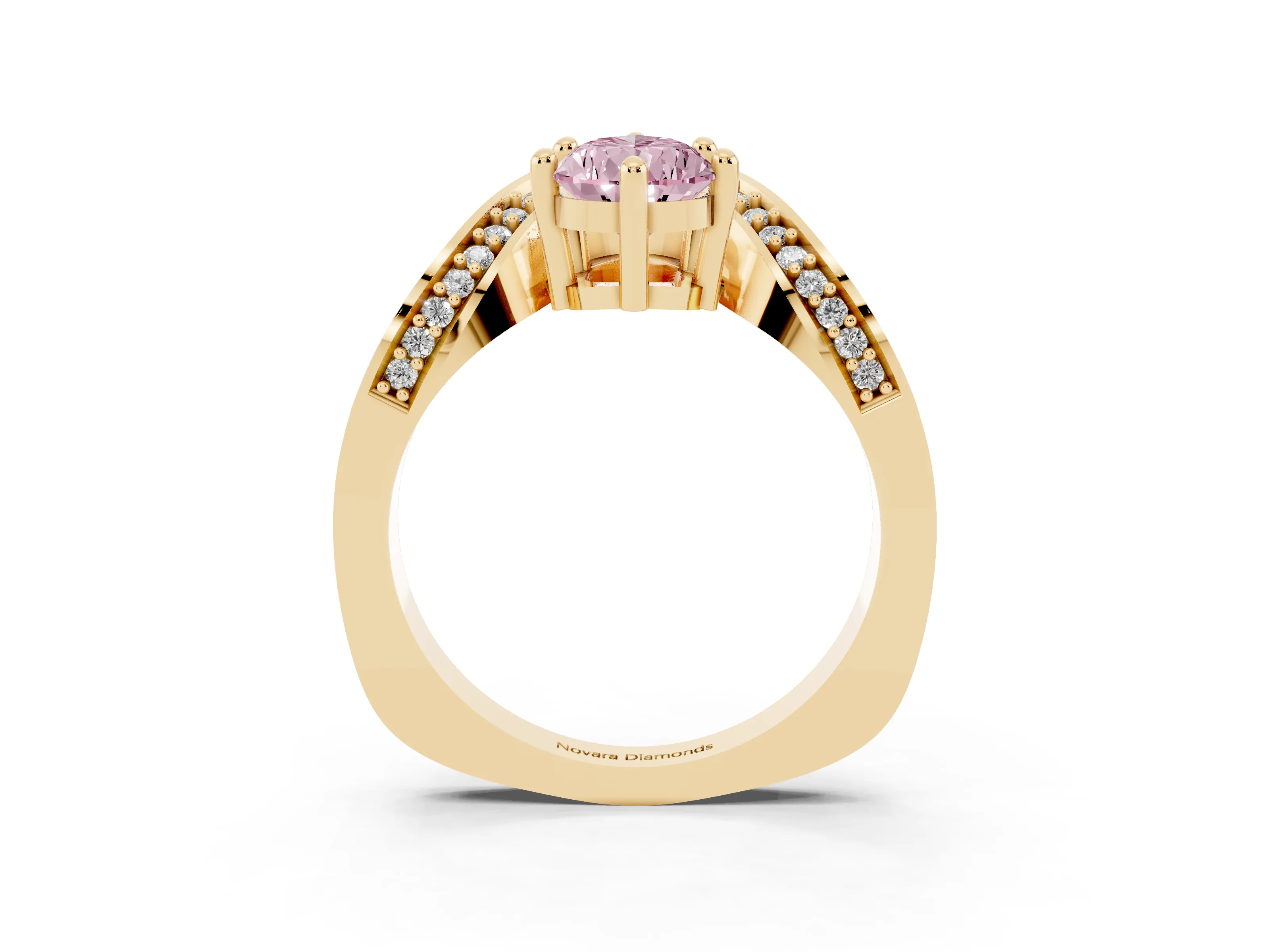 Fancy Pink Pear Cut Diamond Solitaire Engagement Ring Set in Yellow gold with Pavé Shoulders