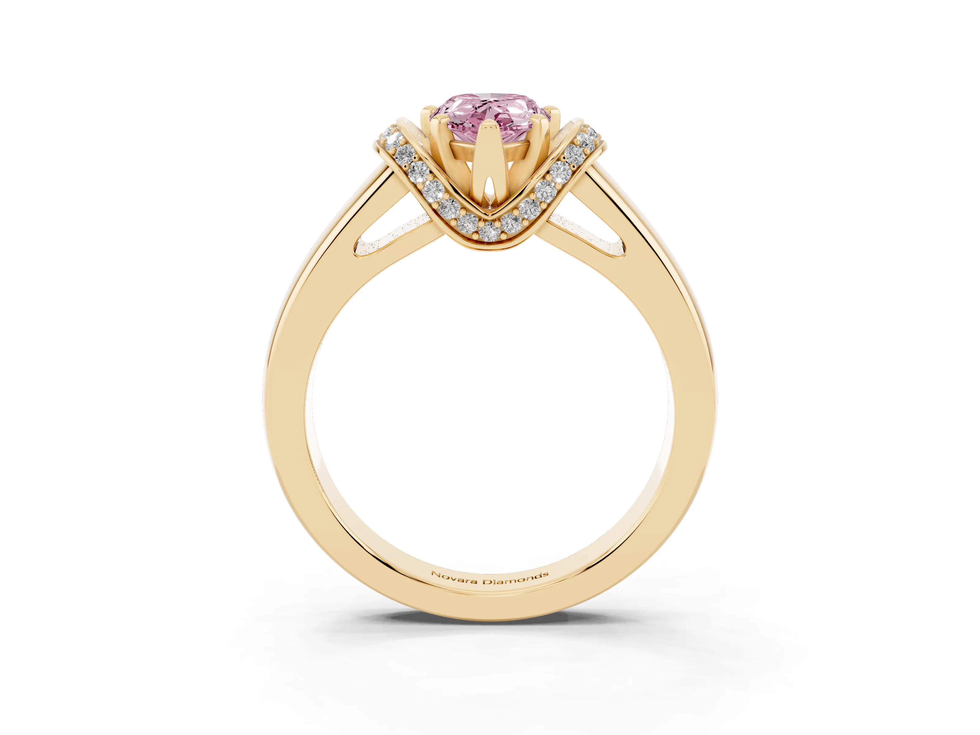 Fancy Pink Pear Cut Diamond Pavé Band Solitaire Ring Set in Yellow gold with Prong Setting