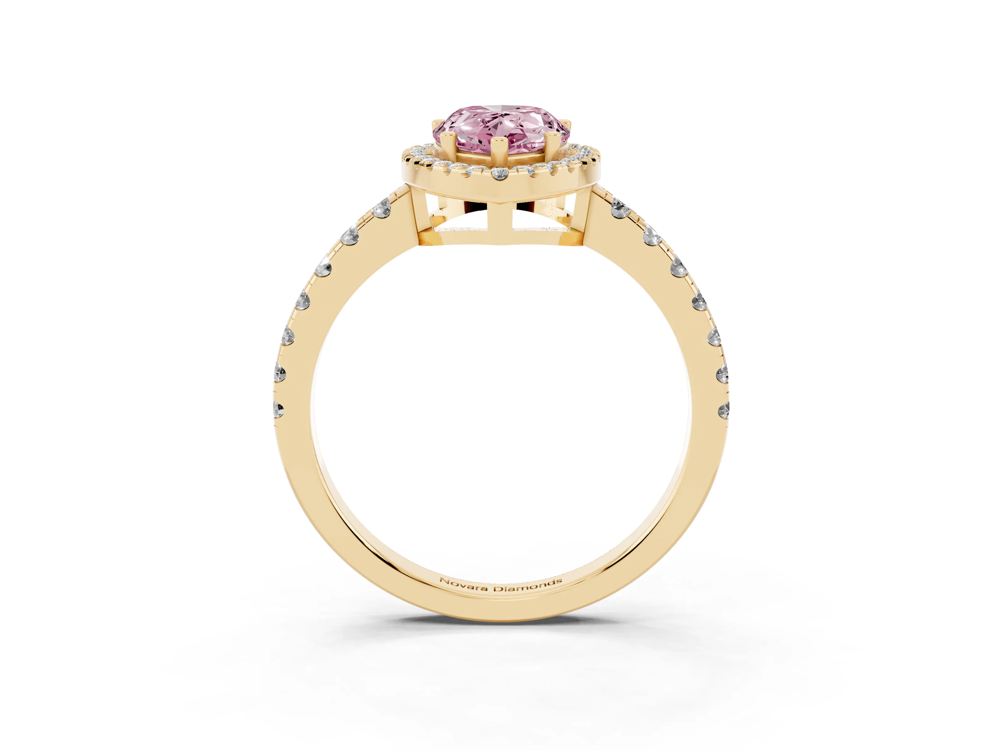 Fancy Pink Pear Cut Diamond Halo Ring Set in Yellow gold with Delicate Pavé Band and Prong Setting