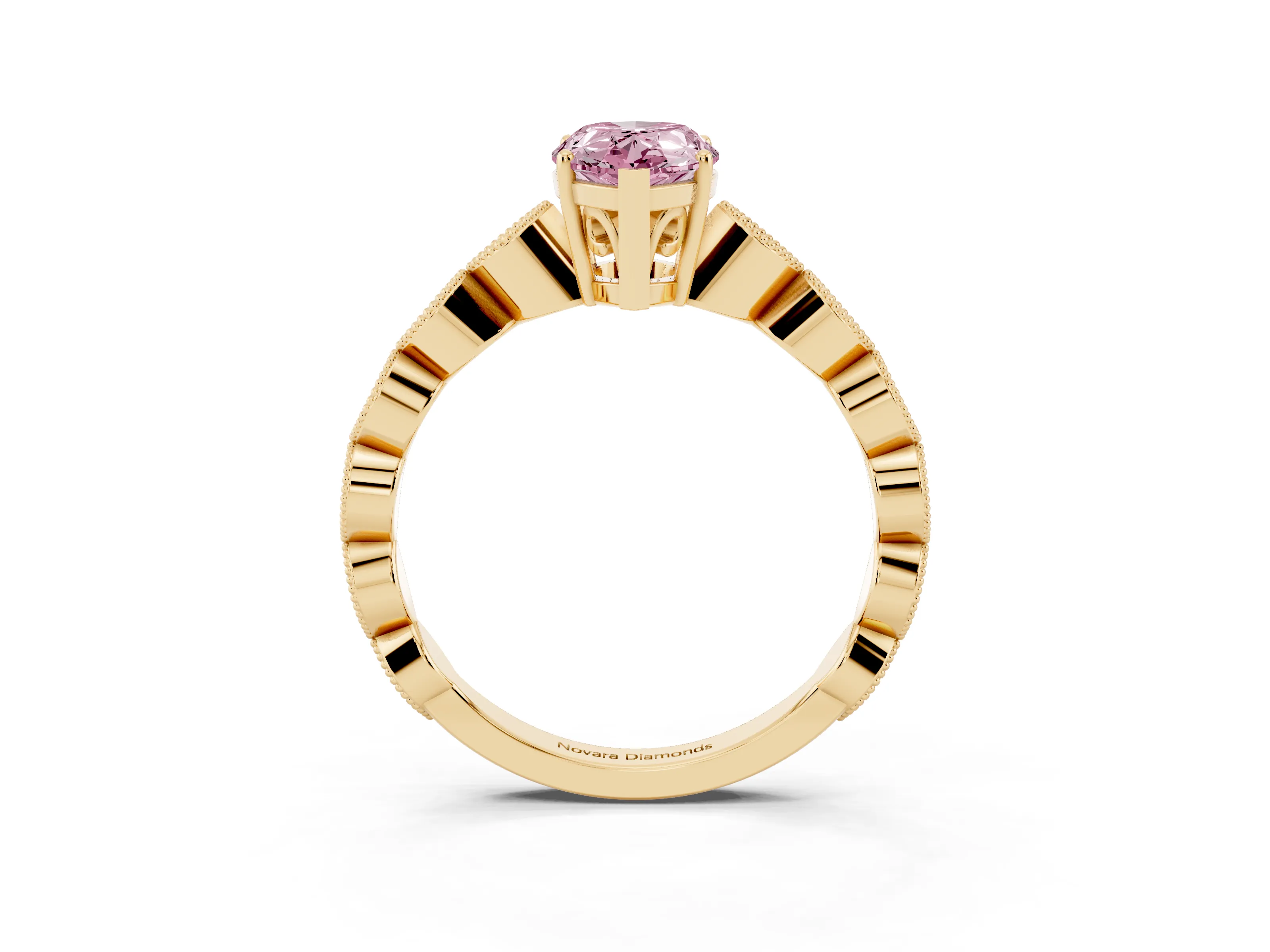 Fancy Pink Pear Cut Diamond Solitaire Ring Set in Yellow gold with Infinity Twist Pavé Band