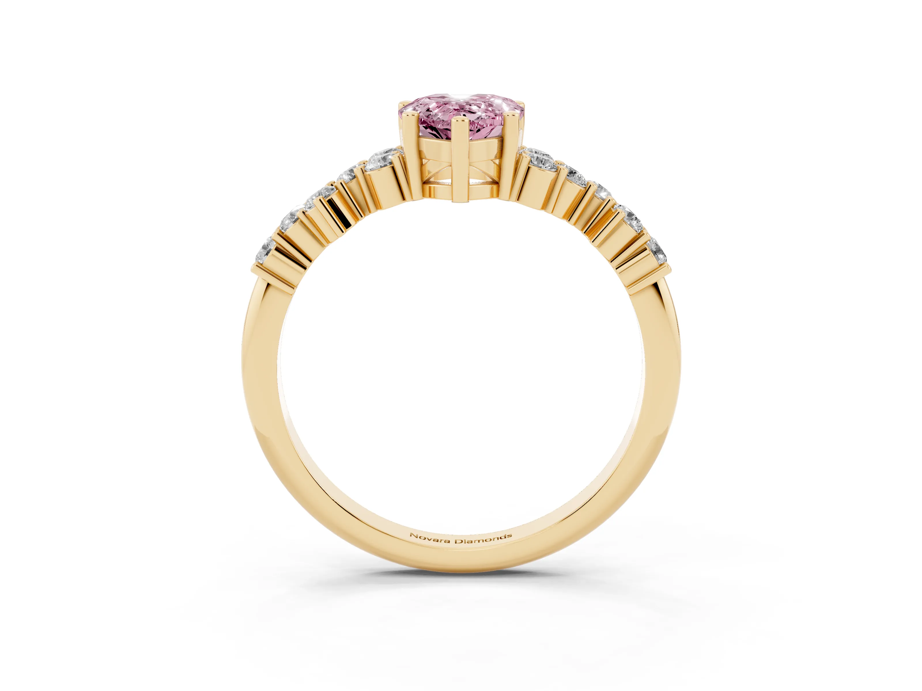 Fancy Pink Pear Cut Diamond Ring Set in Yellow gold with Scattered Round Accents