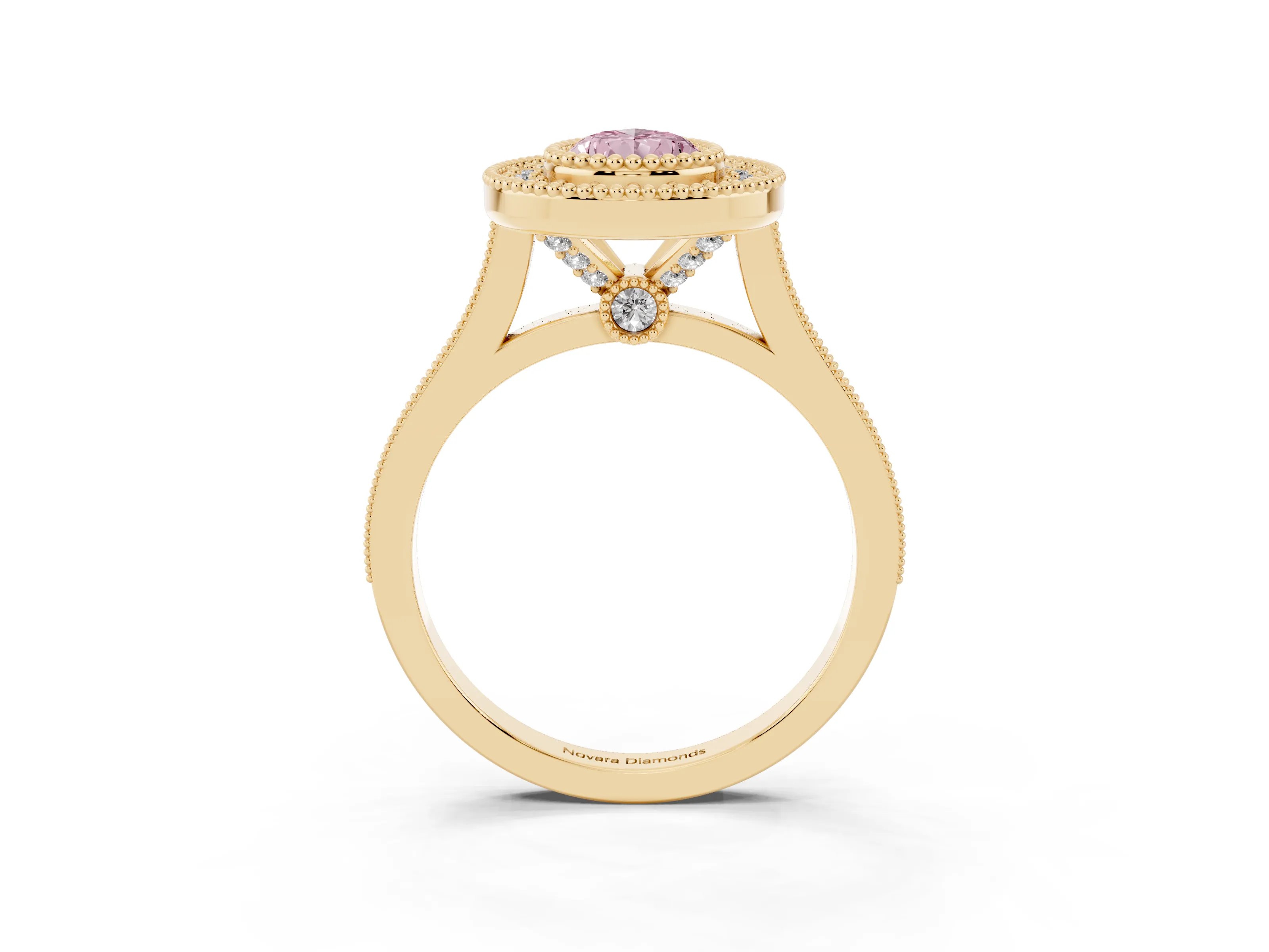 Fancy Pink Pear Cut Diamond Halo Ring Set in Yellow gold with Milgrain Frame and Pavé Band