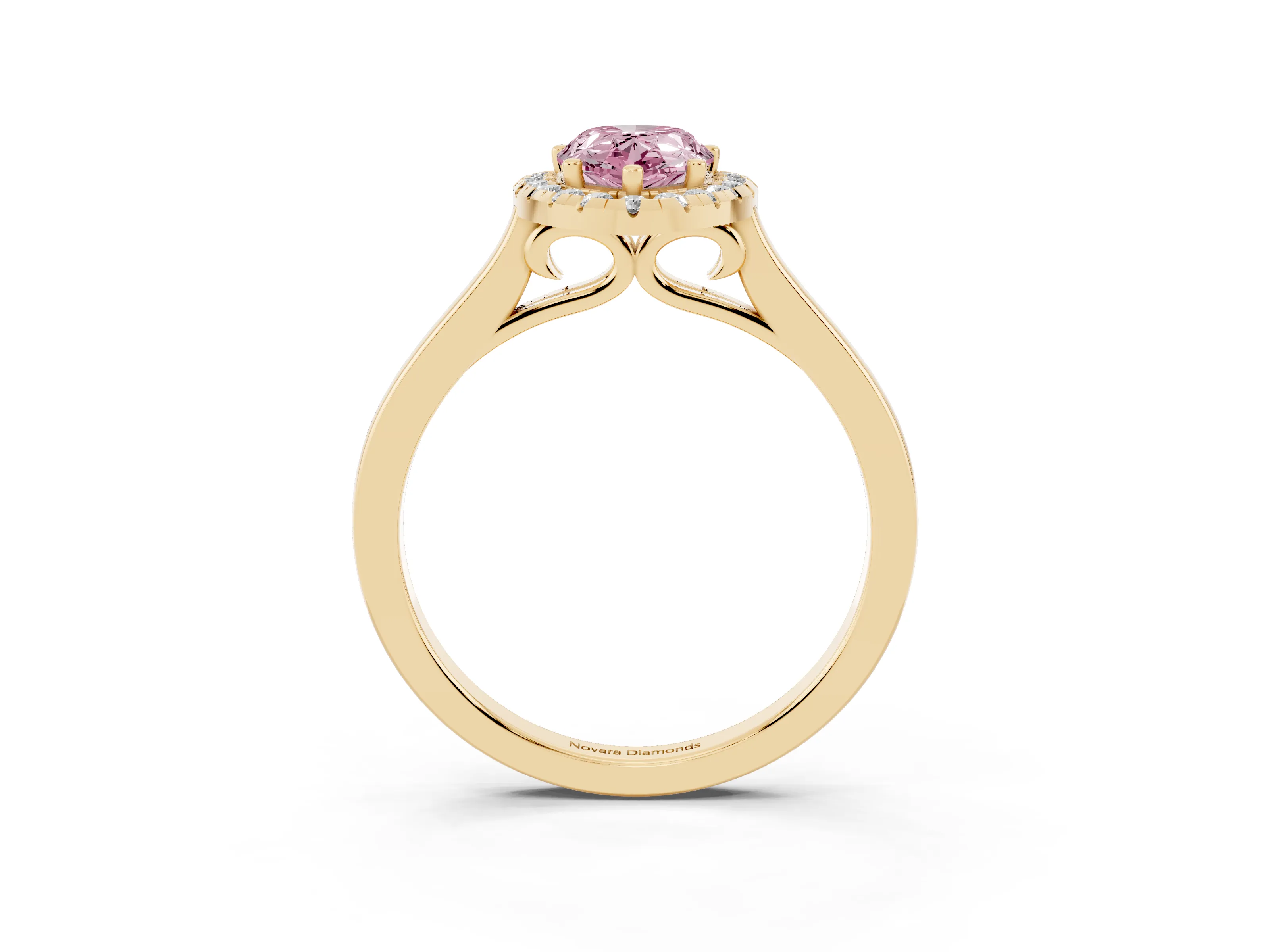 Fancy Pink Pear Cut Halo Round Diamond Solitaire Ring Set in Yellow gold with Pavé Band and Prong Setting