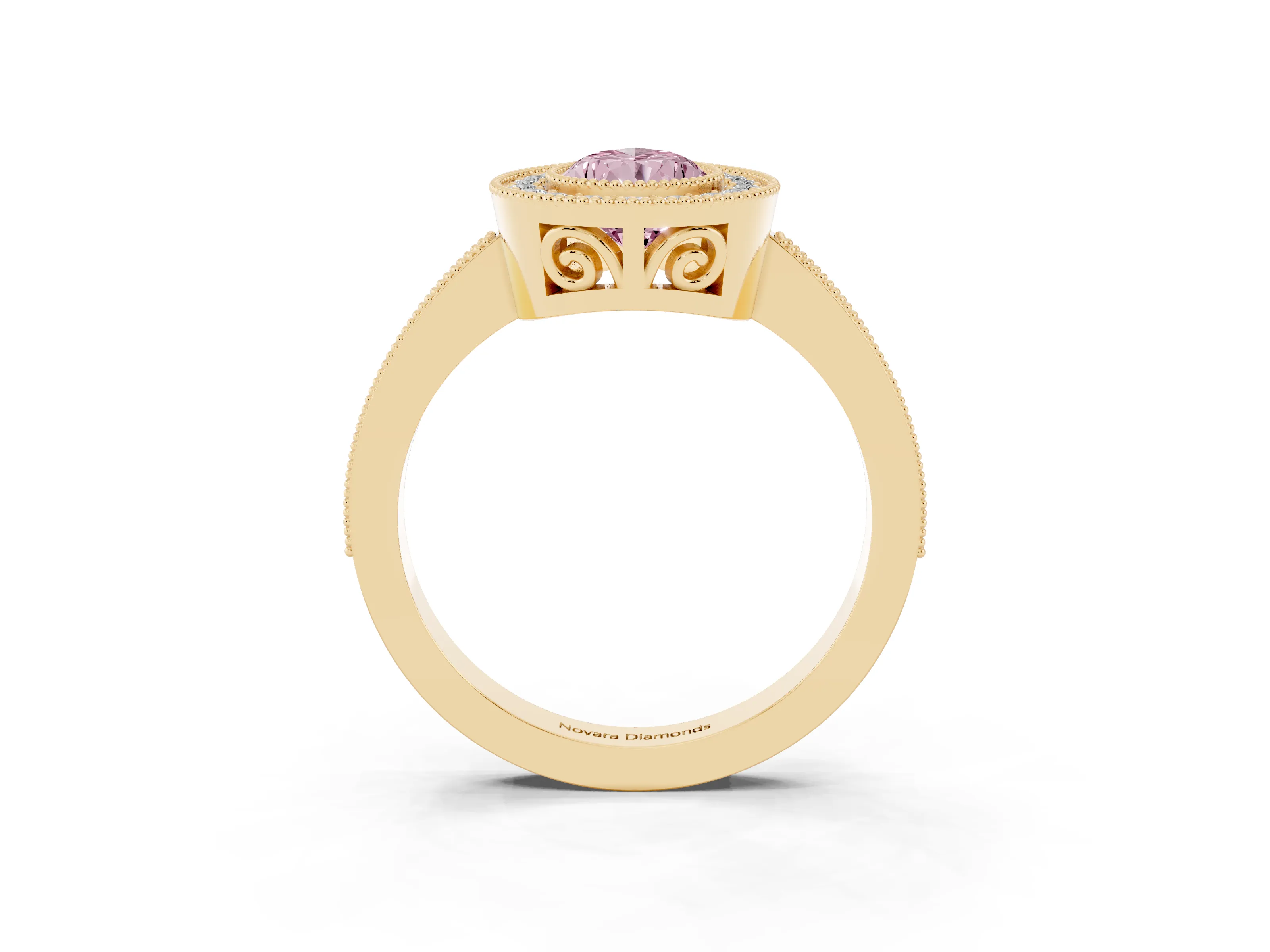 Fancy Pink Pear Cut Diamond Round Halo Ring Set in Yellow gold with Pavé Band