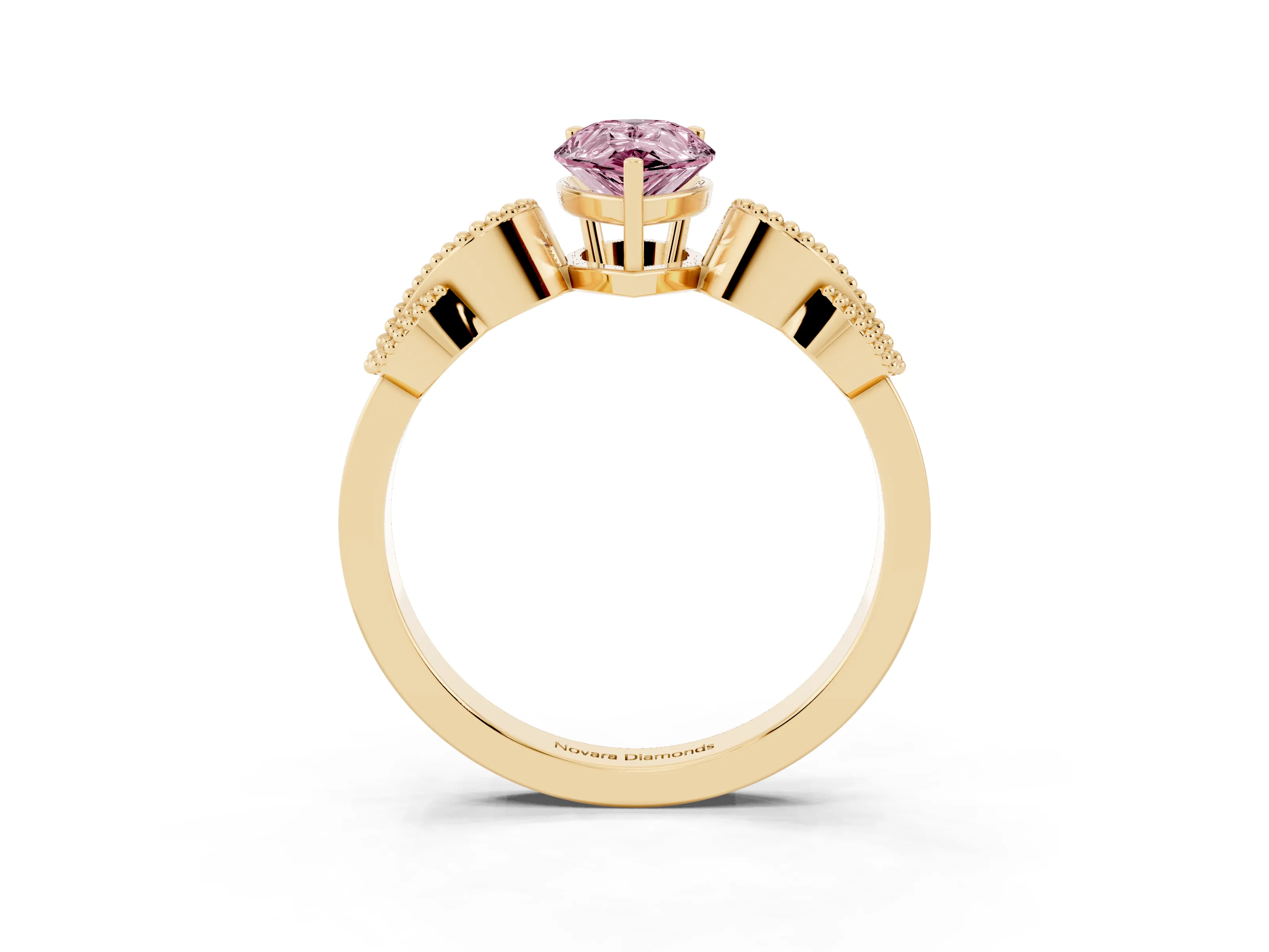 Fancy Pink Pear Cut Diamond Milgrain Leaf Band Solitaire Ring Set in Yellow gold with Accent Stones and Prong Setting