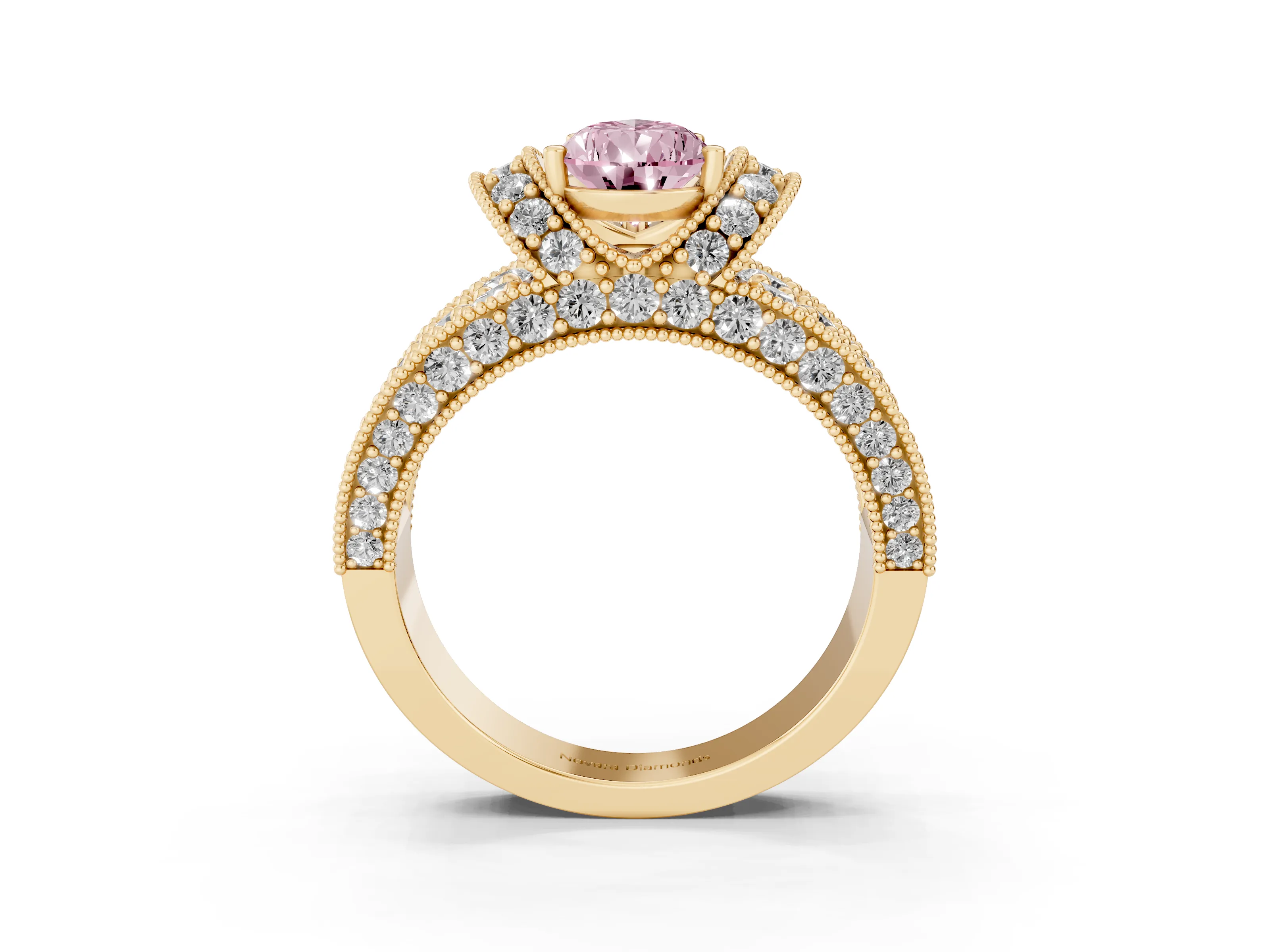 Fancy Pink Pear Cut Diamond Milgrain Halo Pavé Engagement Ring Set in Yellow gold with Prong Setting
