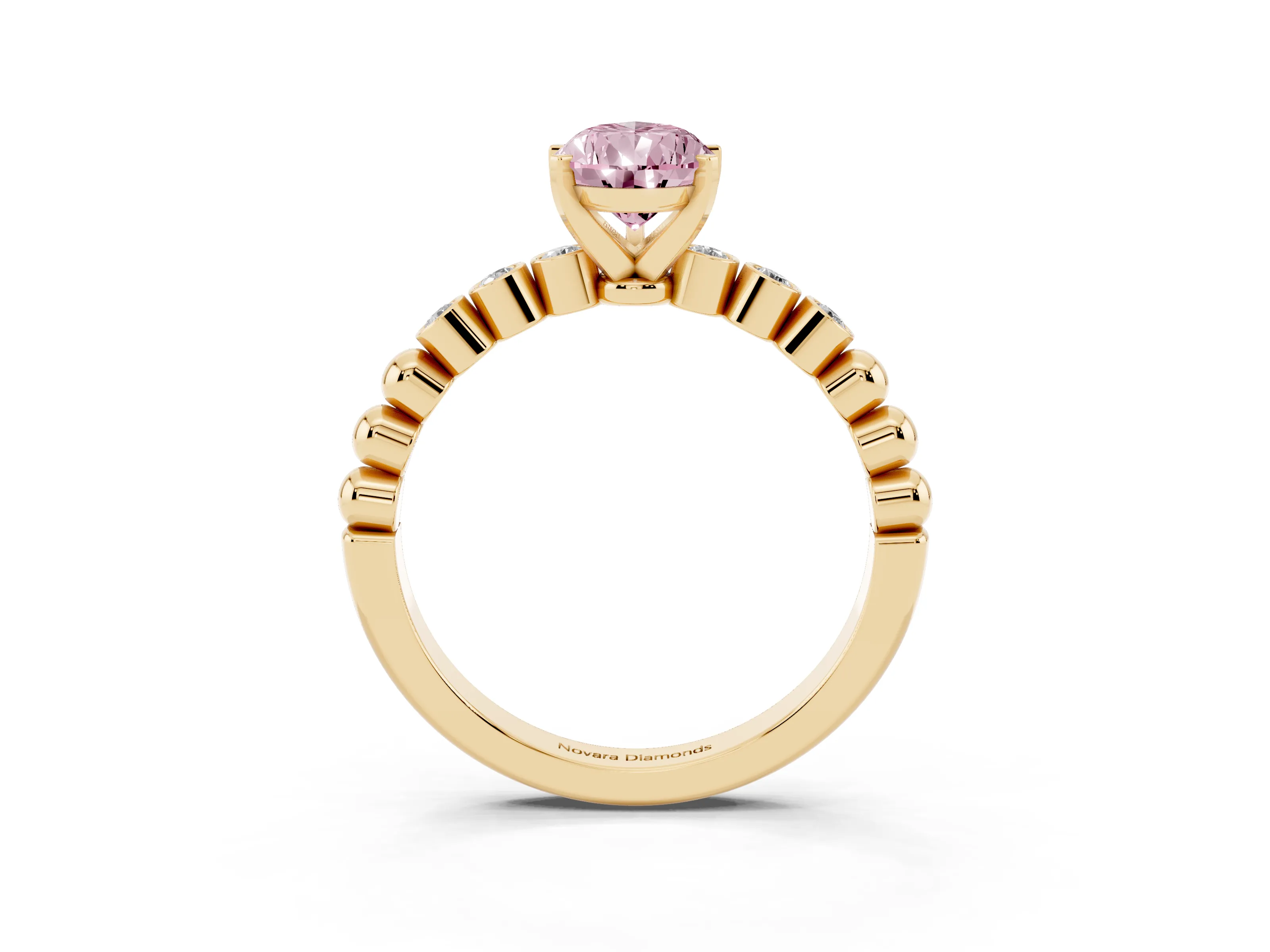 Fancy Pink Pear Cut Diamond Solitaire Engagement Ring Set in Yellow gold with Bezel Accents on Beaded Band