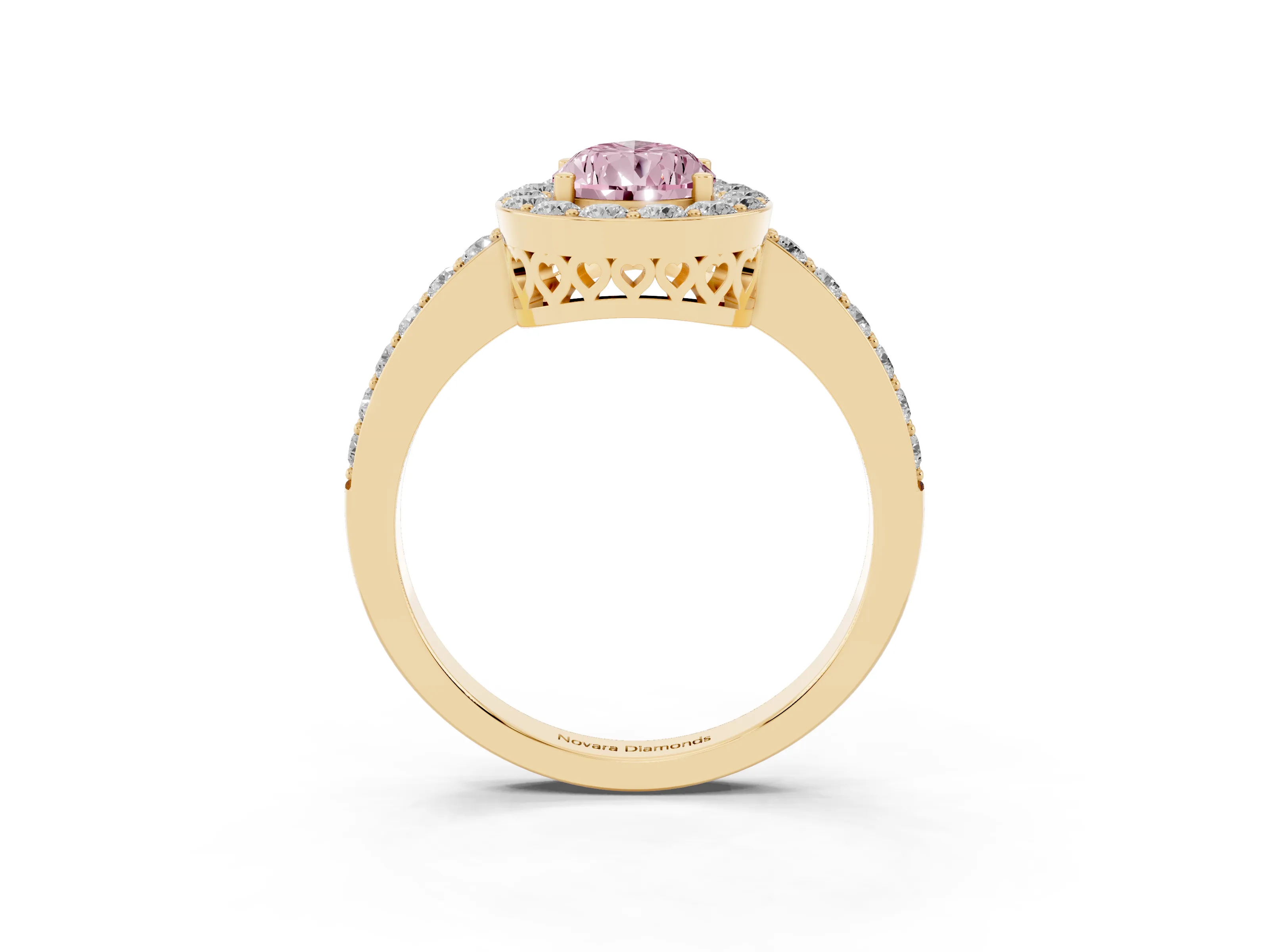 Fancy Pink Pear Cut Diamond Halo Ring Set in Yellow gold with Pavé-Setting Band and Open Prong Center