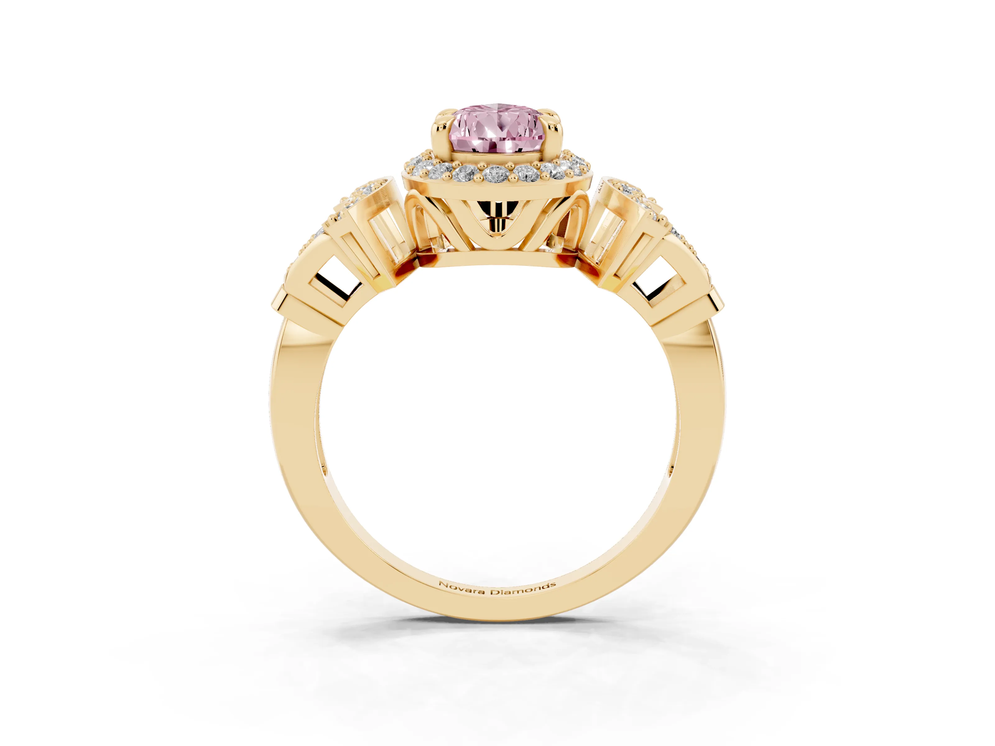 Fancy Pink Pear Cut Diamond Halo Engagement Ring Set in Yellow gold with Accent Stone Split Shank