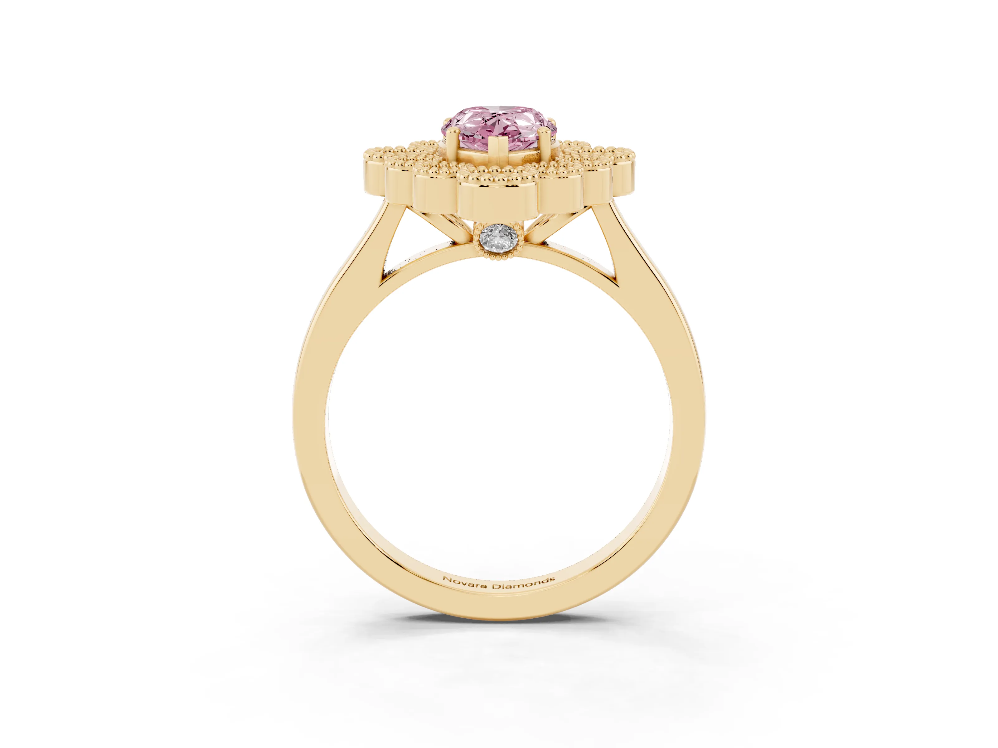 Fancy Pink Pear Cut Diamond Cluster Halo Ring Set in Yellow gold with Milgrain Bezel Accents and Plain Band
