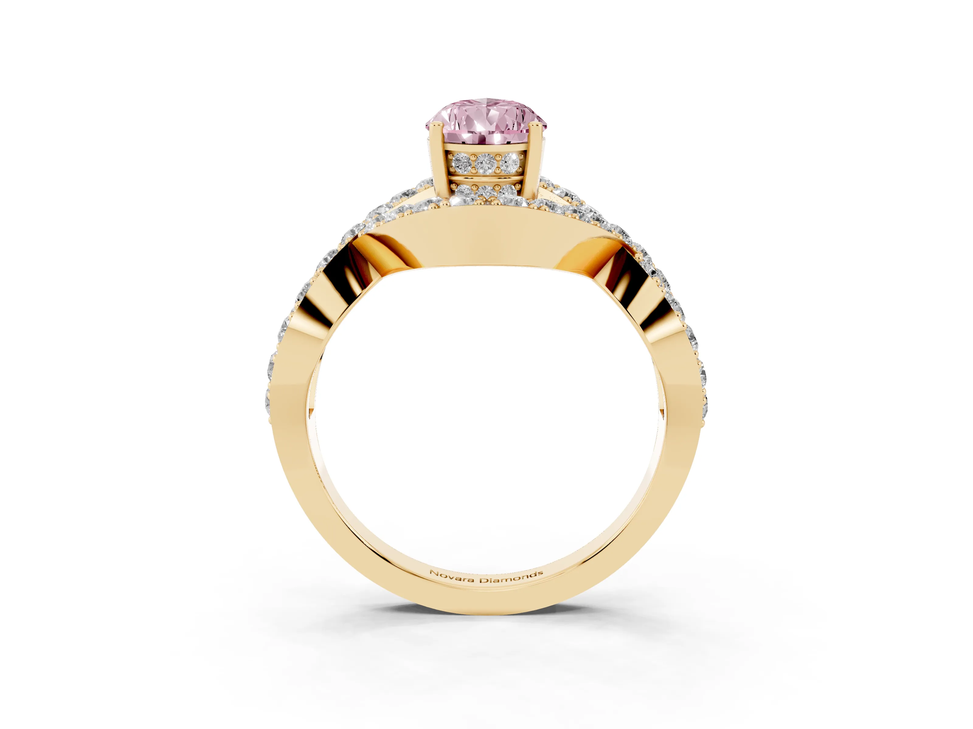 Fancy Pink Pear Cut Diamond Solitaire Twist Band Pavé Engagement Ring Set in Yellow gold