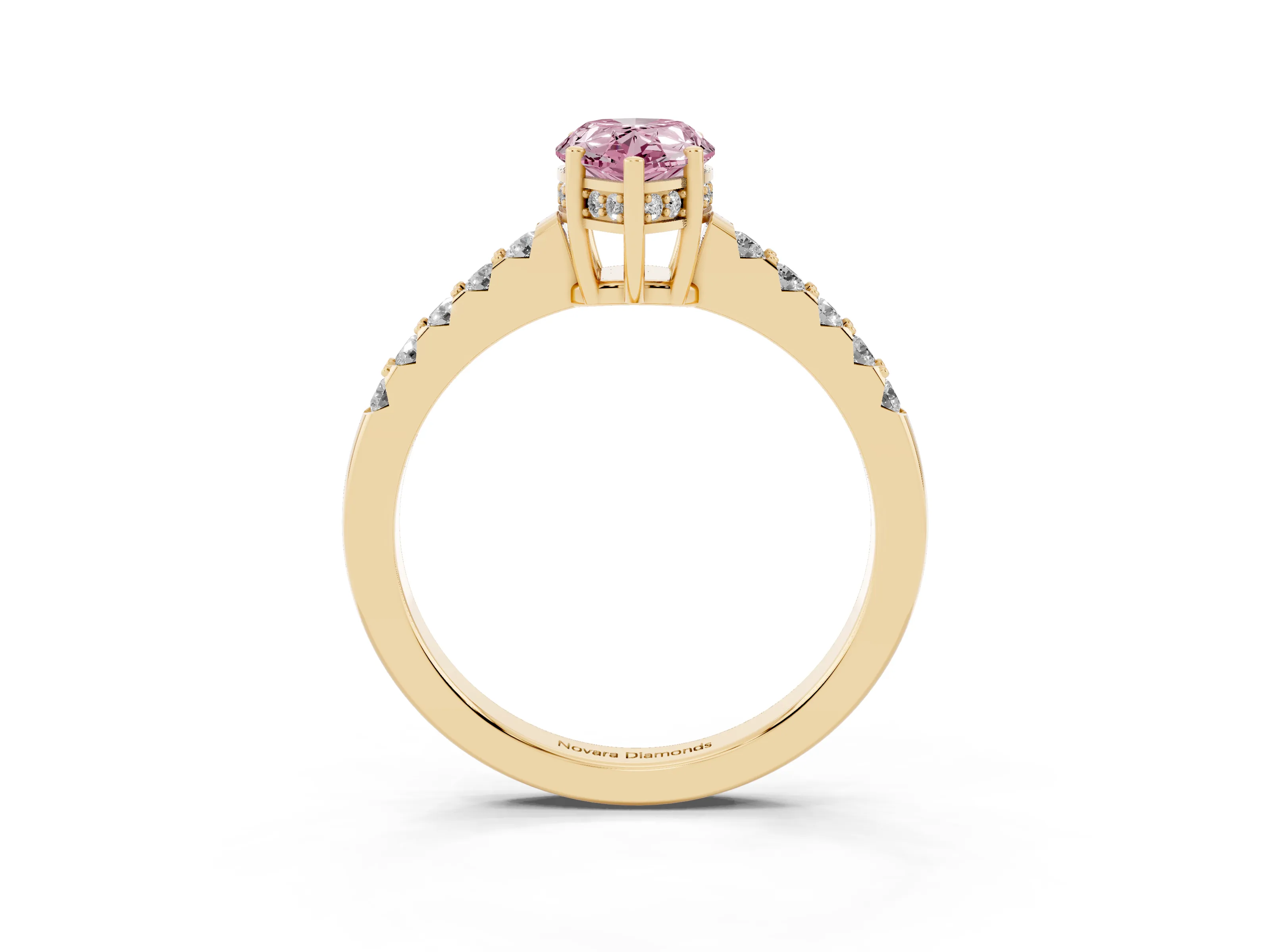 Fancy Pink Pear Cut Diamond Solitaire Engagement Ring Set in Yellow gold with Pavé Band and Prong Setting