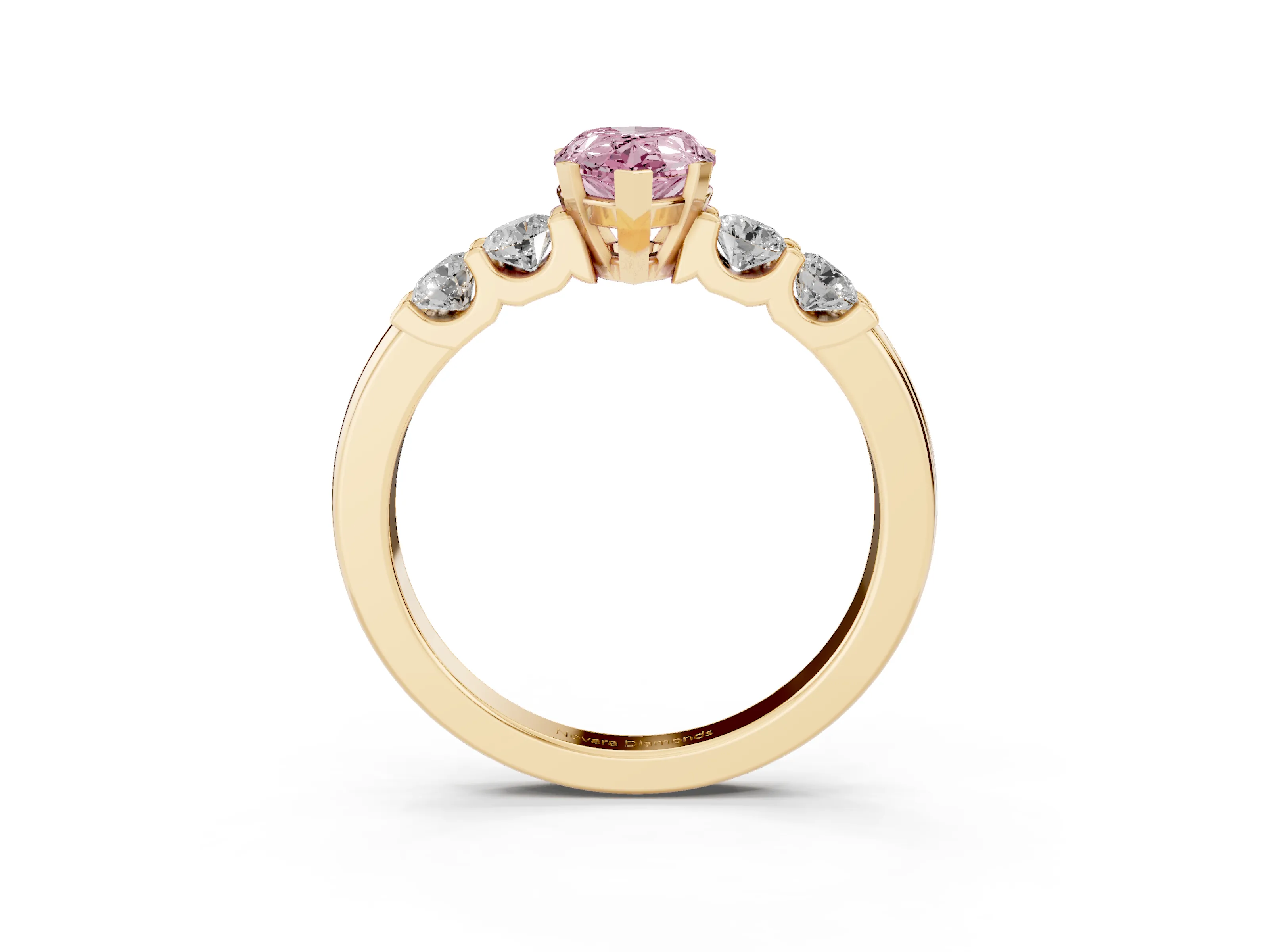 Fancy Pink Pear Cut Diamond Five-Stone Prong Set Engagement Ring Set in Yellow gold with Channel Band