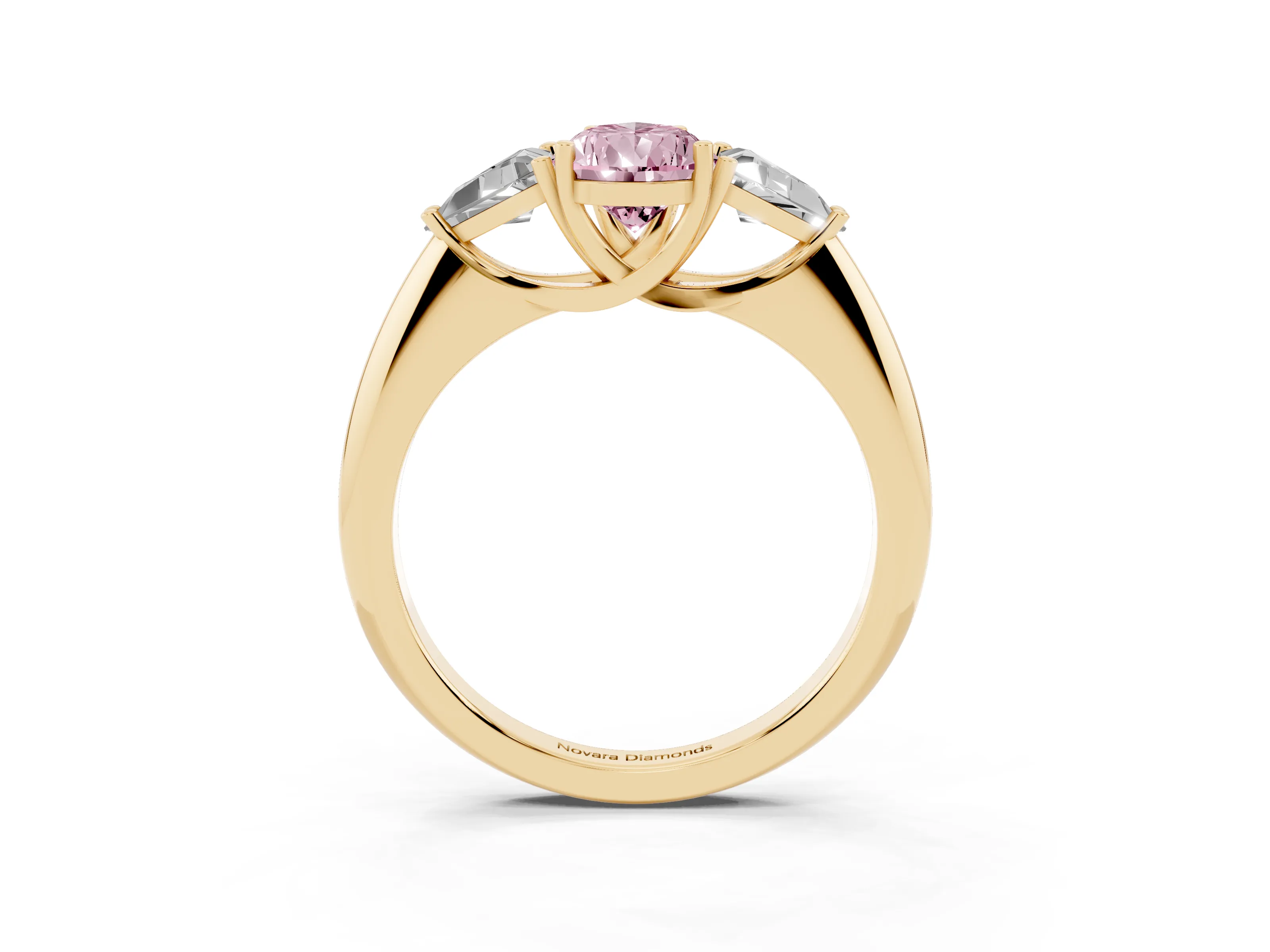 Fancy Pink Pear Cut Diamond Three-Stone Engagement Ring Set in Yellow gold with Trillion Side Stones